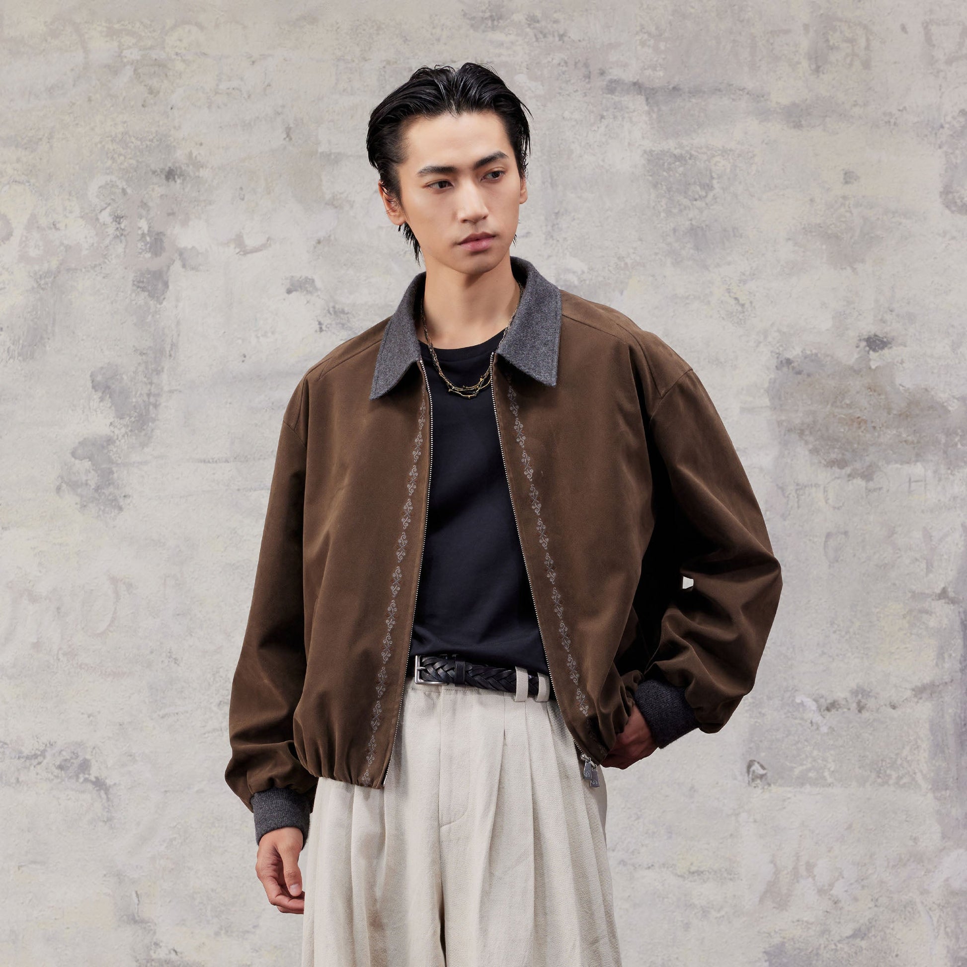 ALVNG AR ANTS Contrast Collar Totem Embroidered Jacket-Jacket-S-Brown-Free Shipping Leatheretro