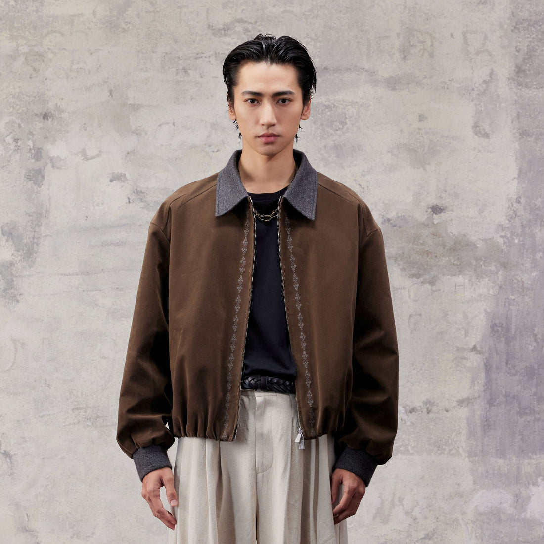 ALVNG AR ANTS Contrast Collar Totem Embroidered Jacket-Jacket-S-Brown-Free Shipping Leatheretro