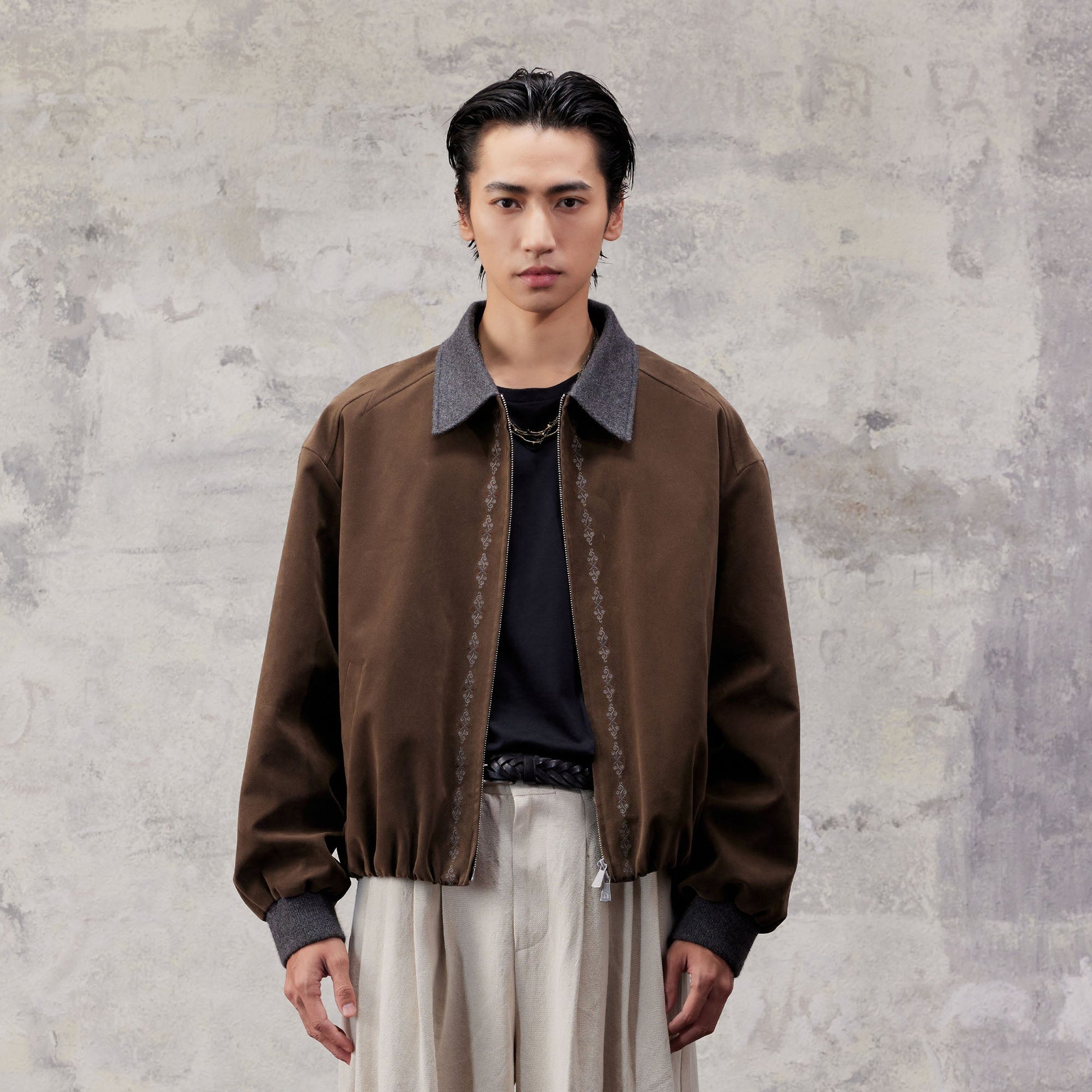 ALVNG AR ANTS Contrast Collar Totem Embroidered Jacket-Jacket-S-Brown-Free Shipping Leatheretro