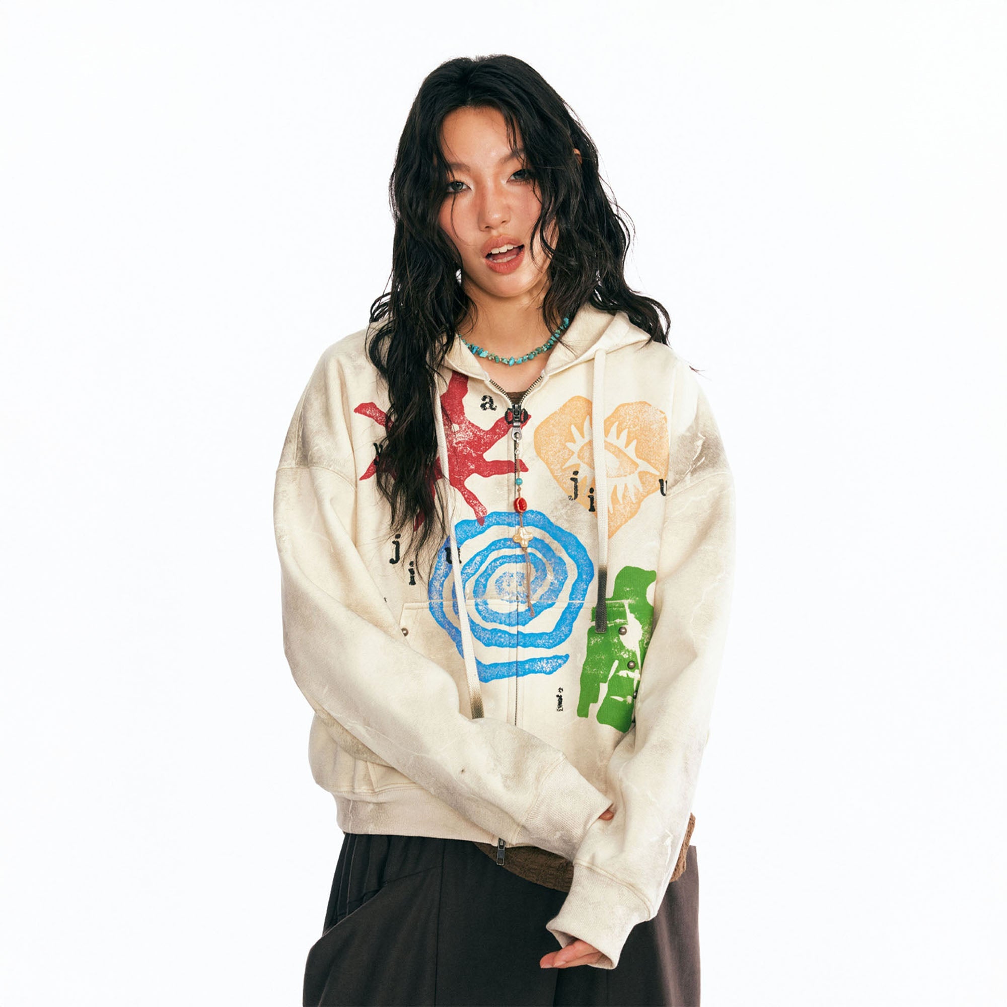 1997 POSTOFFICE Distressed Tribal Graphics Zip- Up Hoodie-Jacket-S-Free Shipping Leatheretro