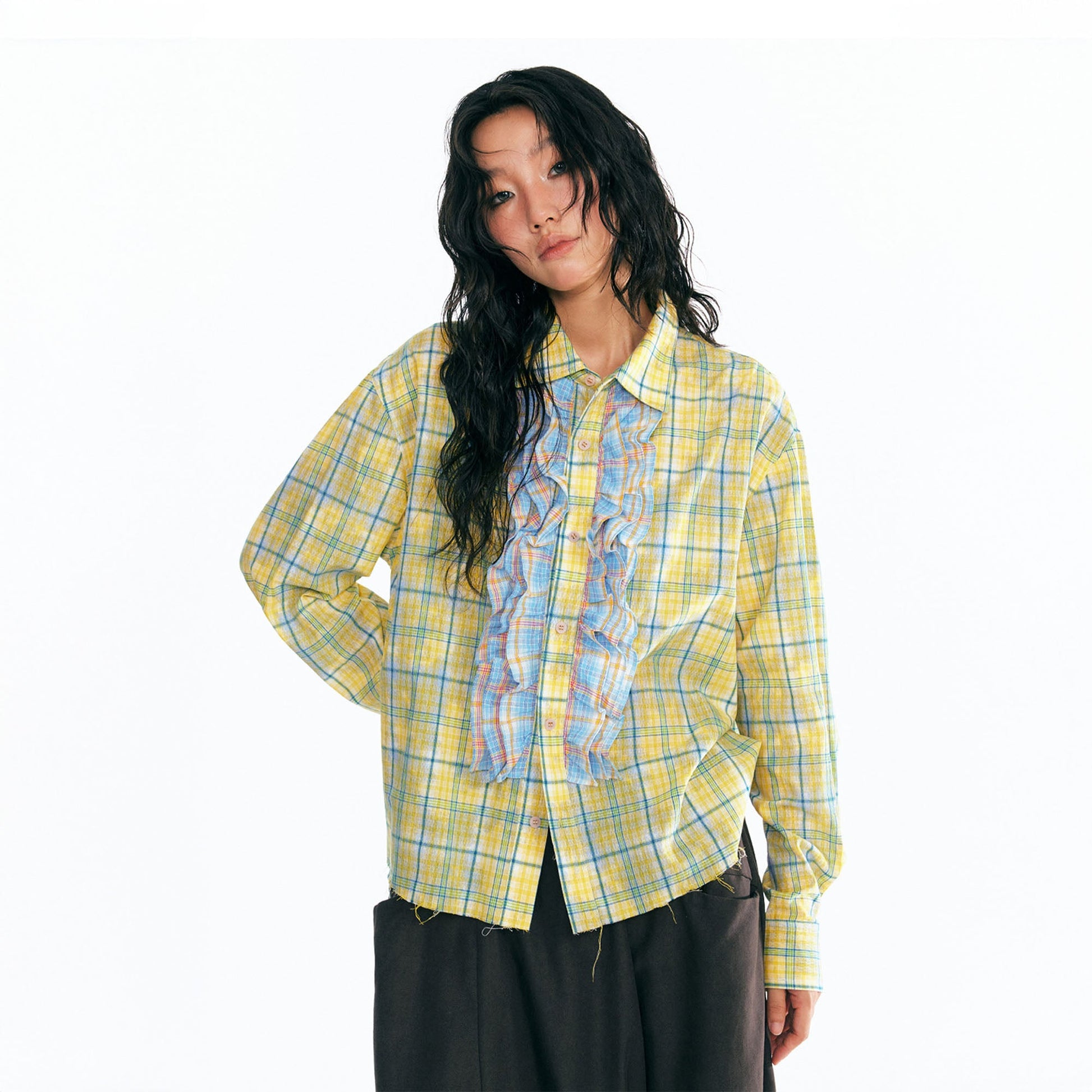 1997 POSTOFFICE Sesame Leaf Patch Ruffle Plaid Shirt-Shirt-S-Free Shipping Leatheretro