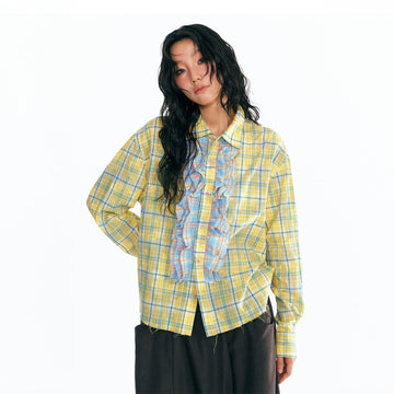 1997 POSTOFFICE Sesame Leaf Patch Ruffle Plaid Shirt-Shirt-S-Free Shipping Leatheretro