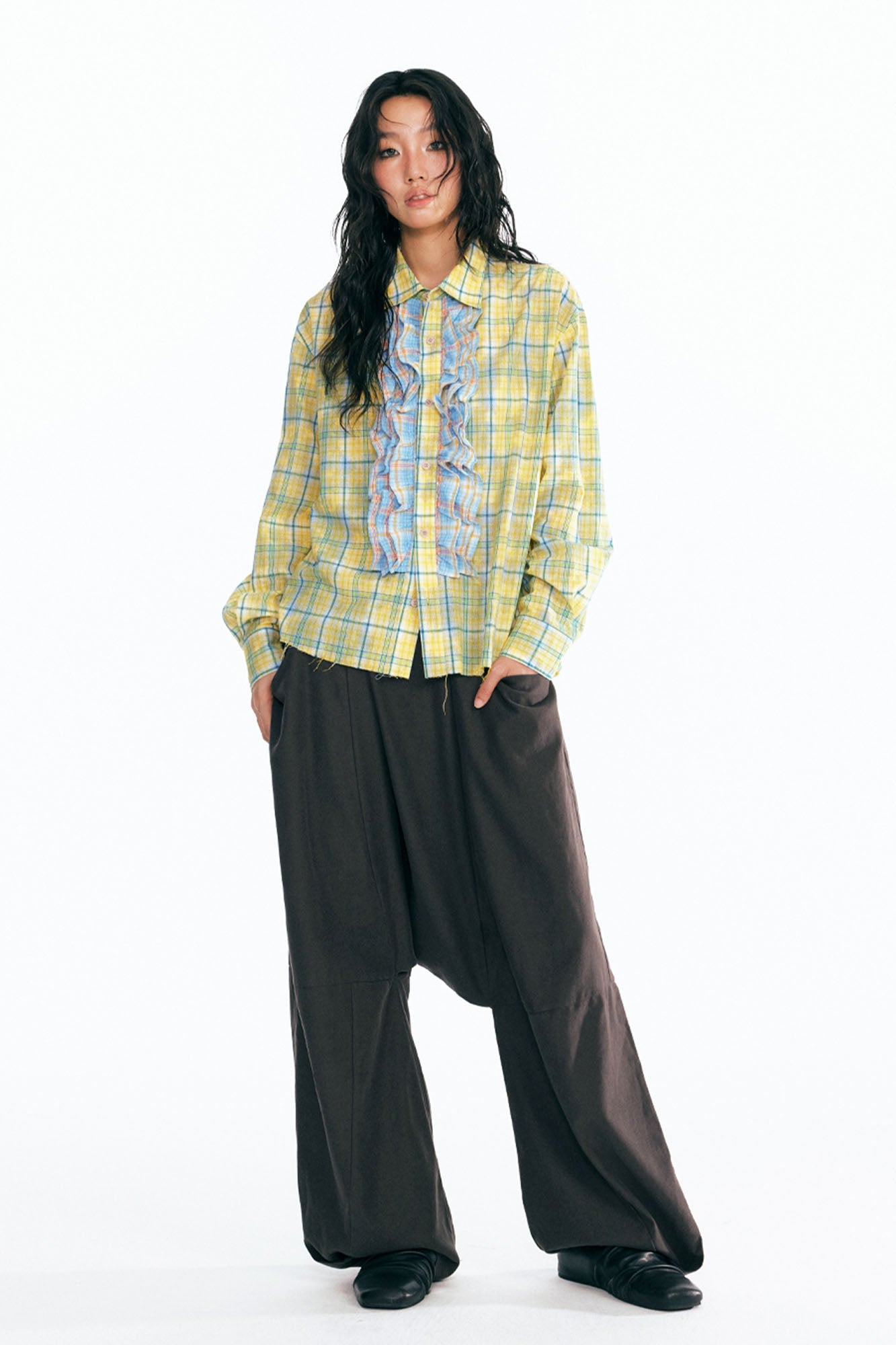 1997 POSTOFFICE Sesame Leaf Patch Ruffle Plaid Shirt-Shirt-S-Free Shipping Leatheretro