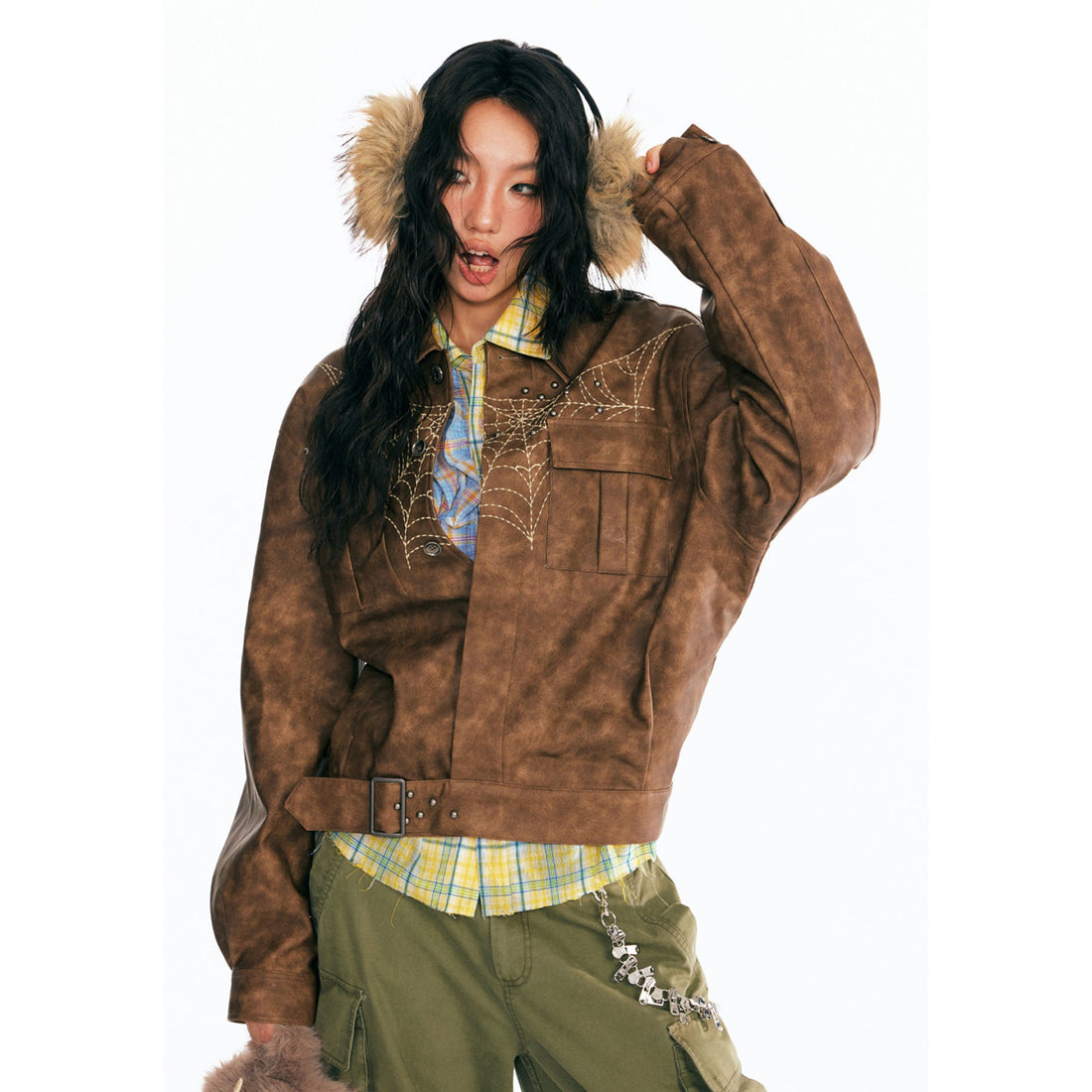 1997 POSTOFFICE Dreamcatcher Graphic Faux Leather Jacket-Jacket-S-Coffee-Free Shipping Leatheretro