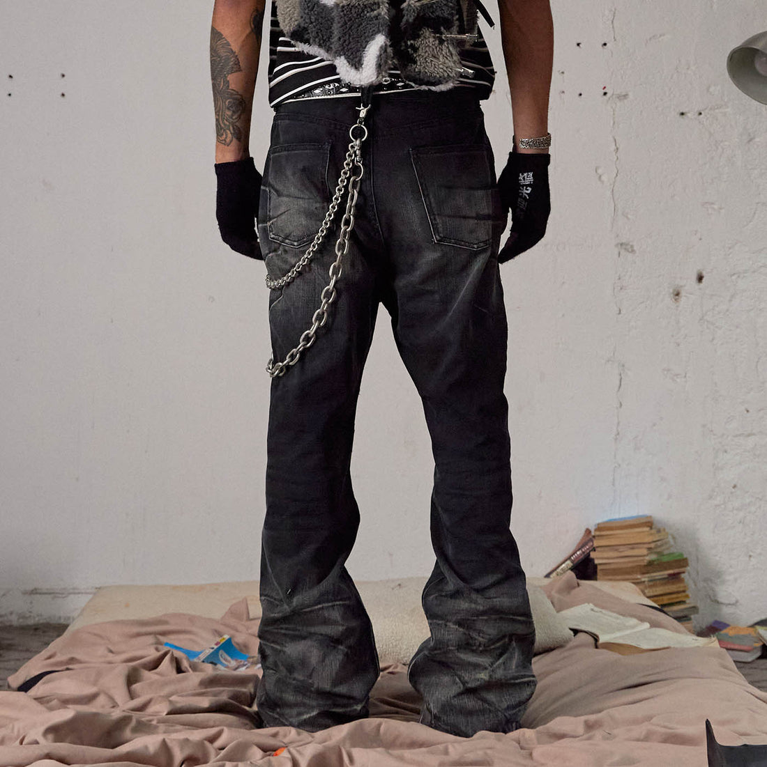 DND4DES Scratch Marks Distressed Flared Jeans Black-Jeans-S-Free Shipping Leatheretro