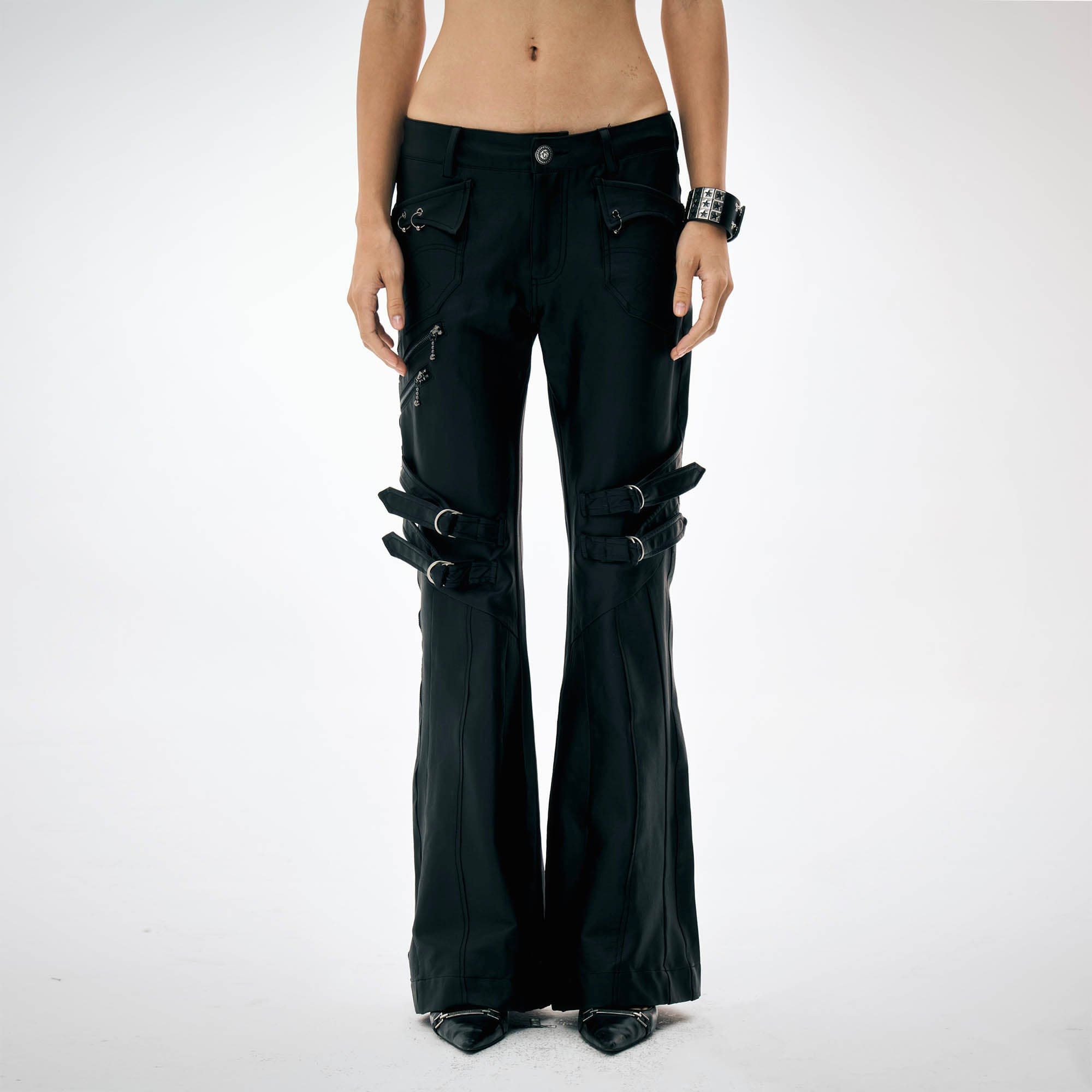 DND4DES¡ÁFaychui Waxed Strapped Flared Pants-Pants-S-Free Shipping Leatheretro
