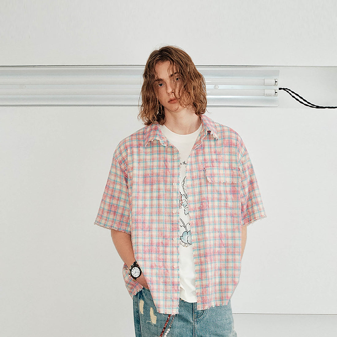 KREATE Frayed Tie-Dye Plaid Half Shirt-Half shirt-S-Pink-Free Shipping Leatheretro