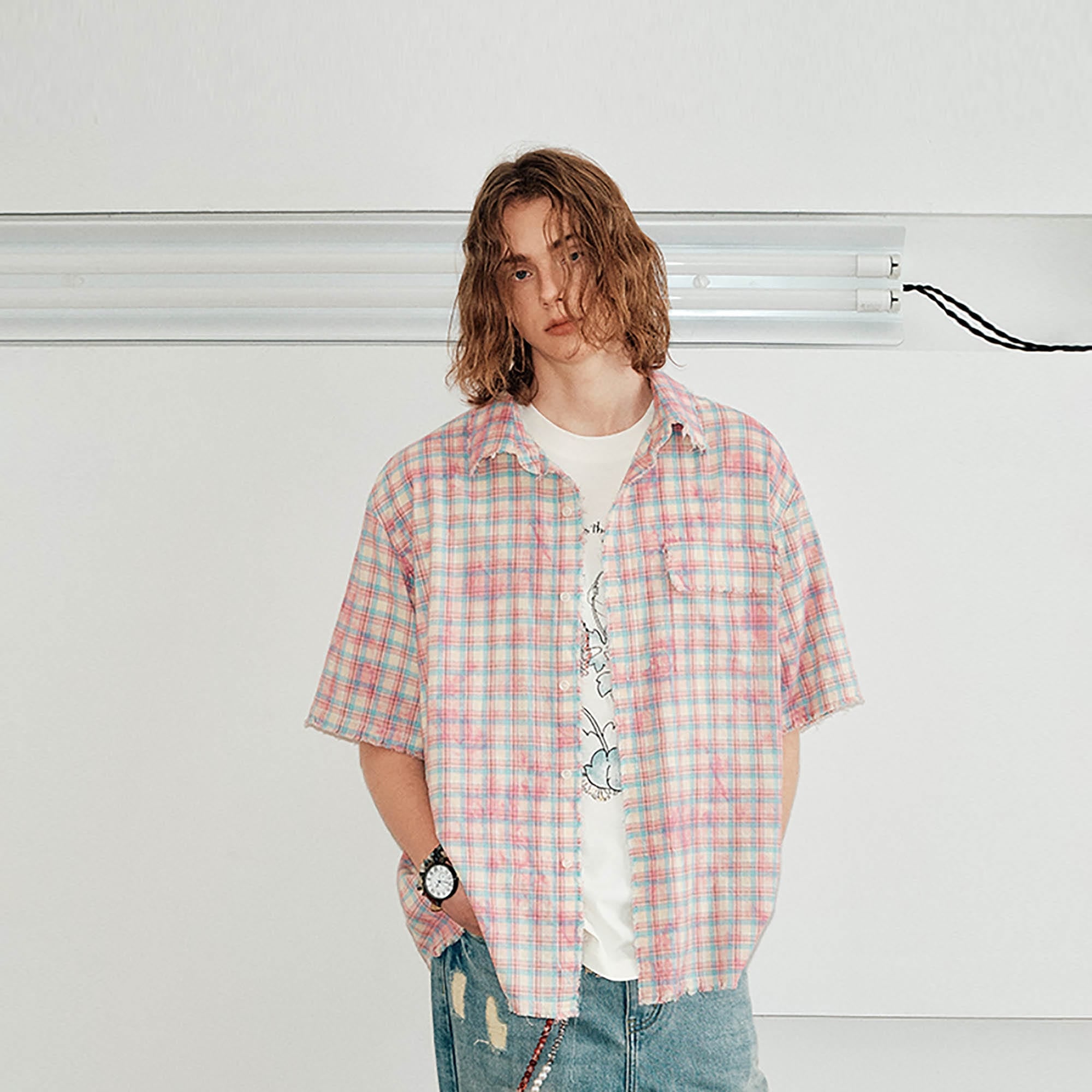 KREATE Frayed Tie-Dye Plaid Half Shirt-Half shirt-S-Pink-Free Shipping Leatheretro