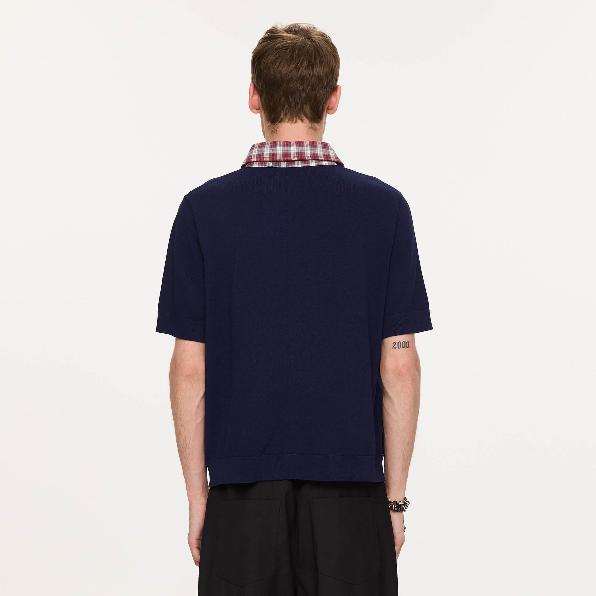 KREATE Preppy Spliced Plaid Collar Knit Polo-T Shirt-S-Navy-Free Shipping Leatheretro