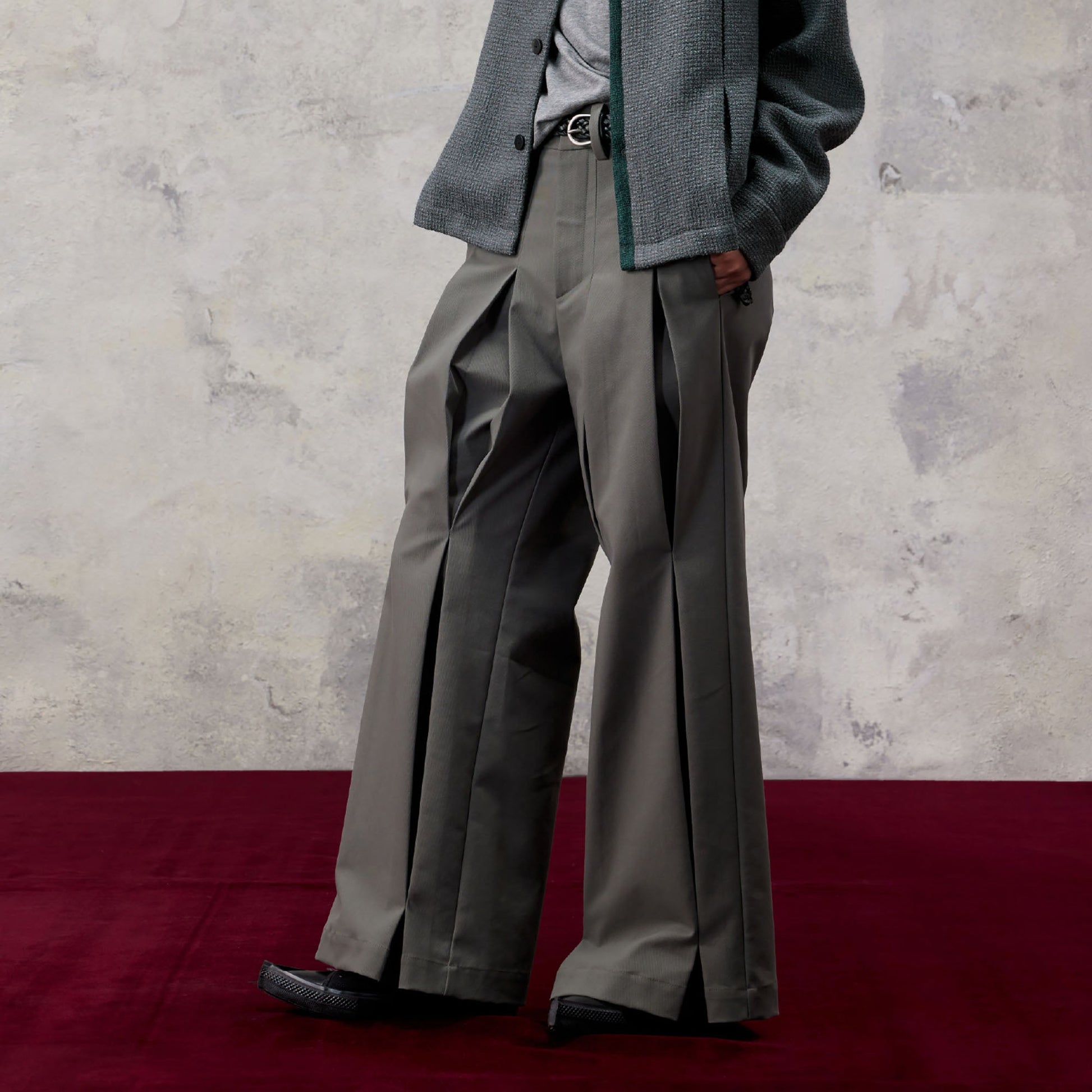 ALVNG AR ANTS Double Pleat Panel Wide-Leg Trousers-Pants-S-Gray-Free Shipping Leatheretro