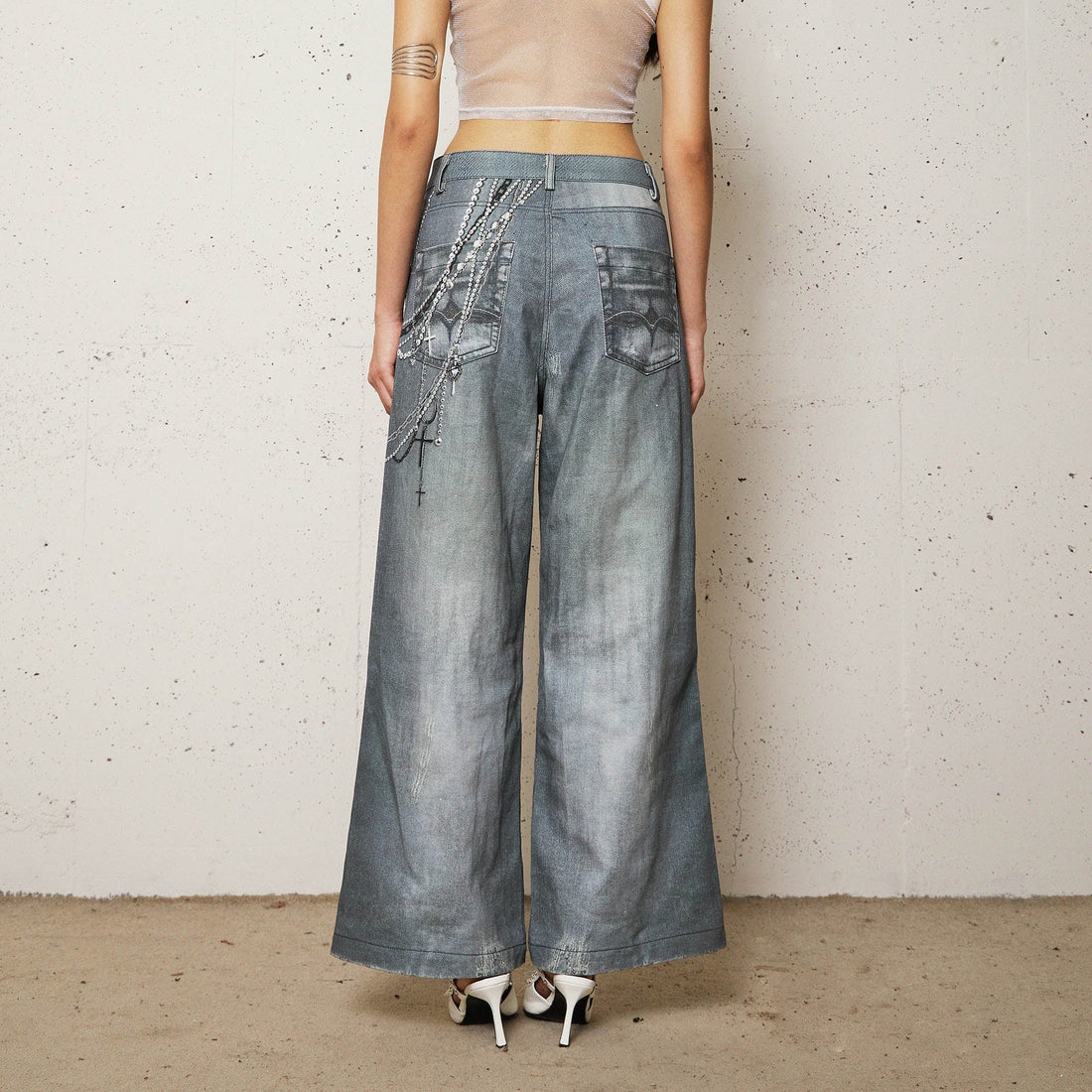 DND4DESxFaychui Pearl Chain Graphics Distressed Flared Jeans-Jeans-XS-Free Shipping Leatheretro