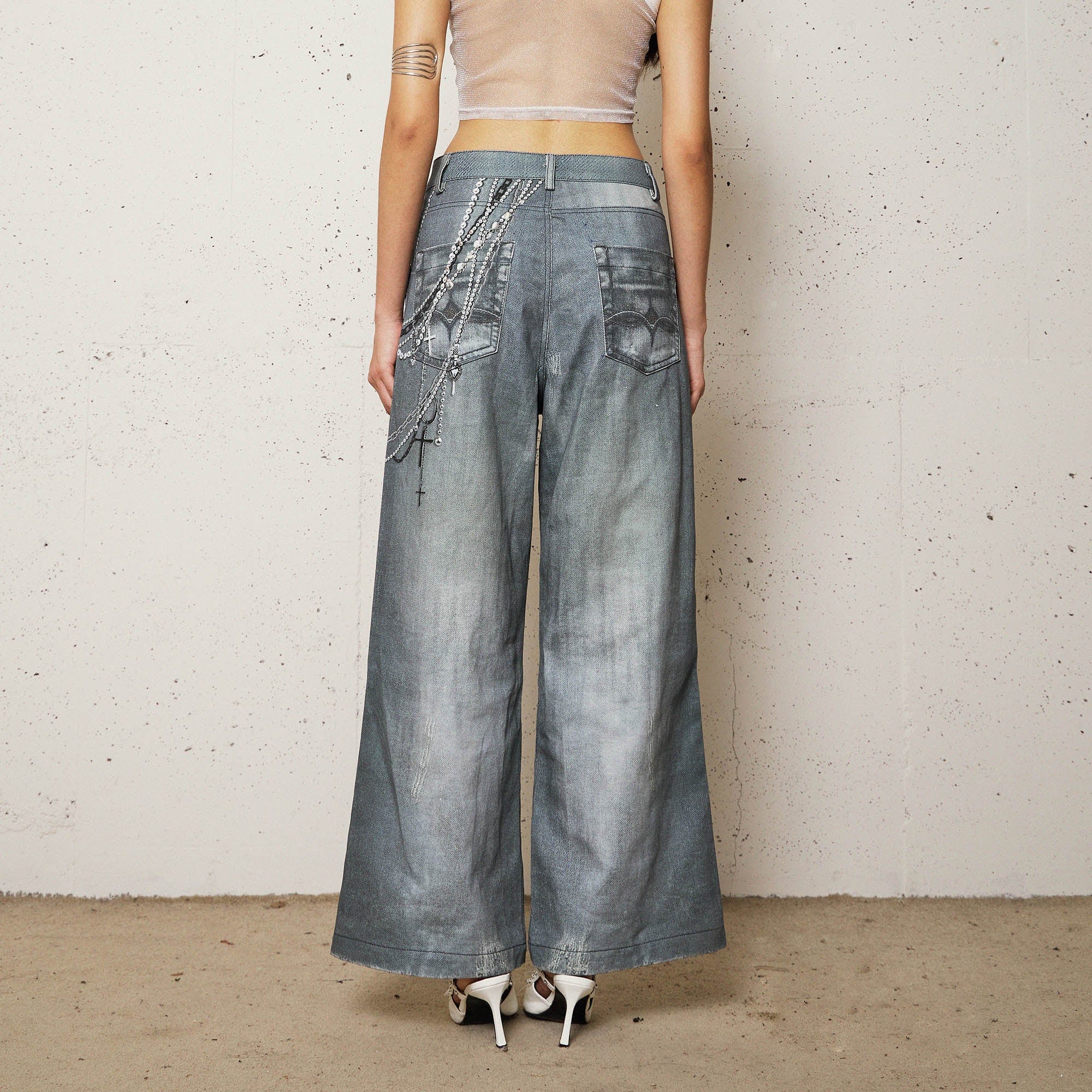 DND4DESxFaychui Pearl Chain Graphics Distressed Flared Jeans-Jeans-XS-Free Shipping Leatheretro