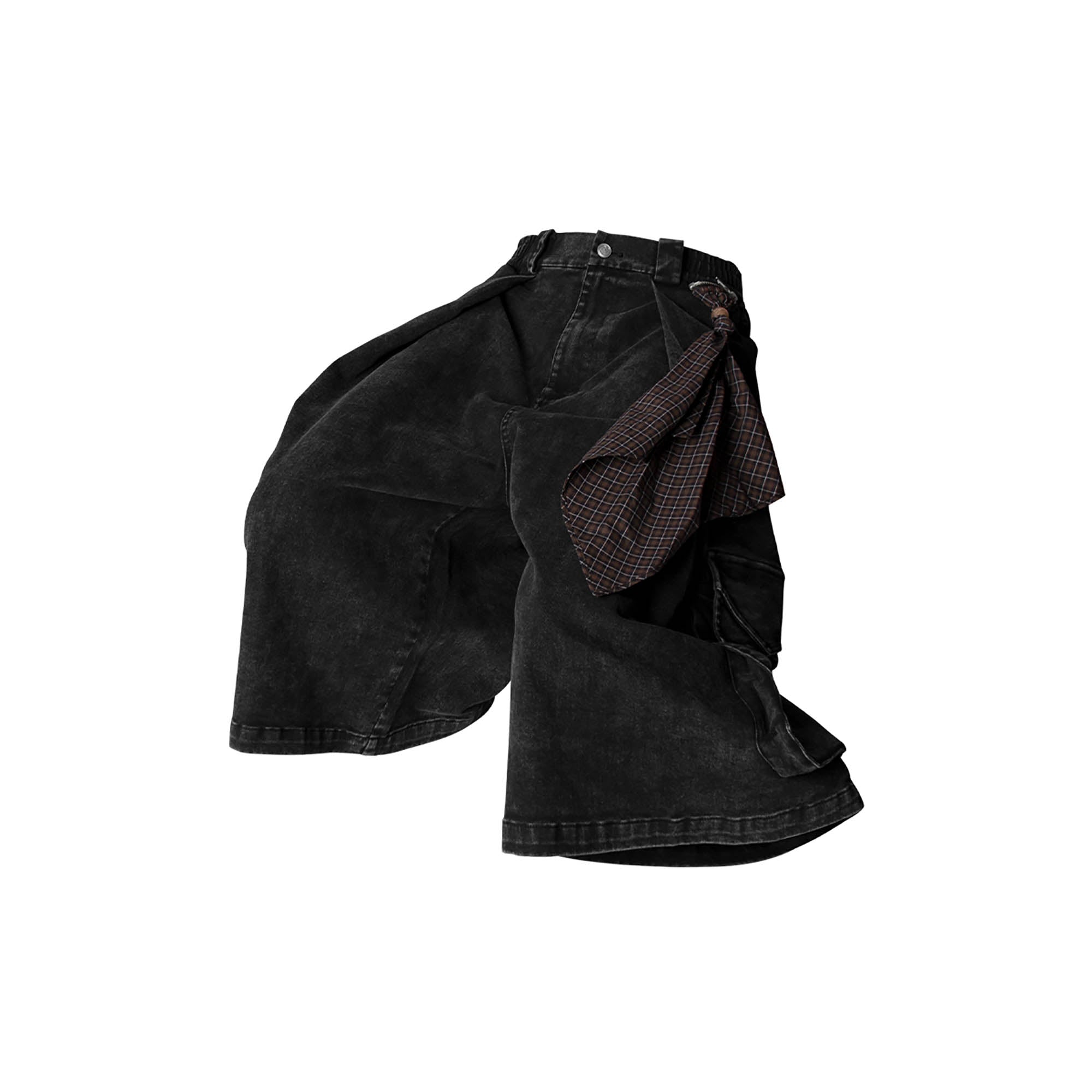 RELABEL Detachable Scarf Washed Multi-Pocket Wide-Leg Shorts Black-Shorts-XS-Free Shipping Leatheretro