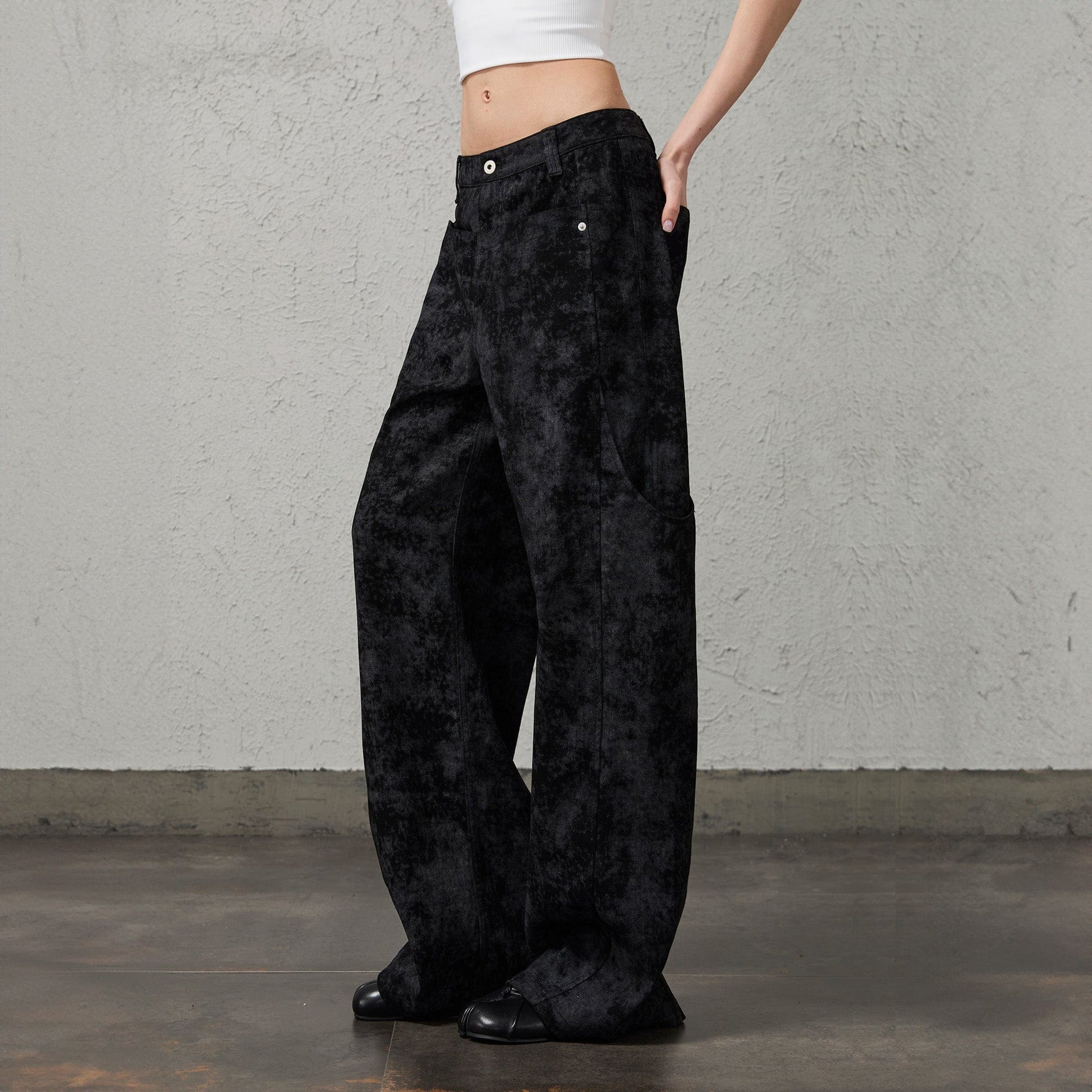 ORGANIC EMOTION Big-Pocket Paneled Wide-Leg Jeans-Jeans-S-Navy-Free Shipping Leatheretro