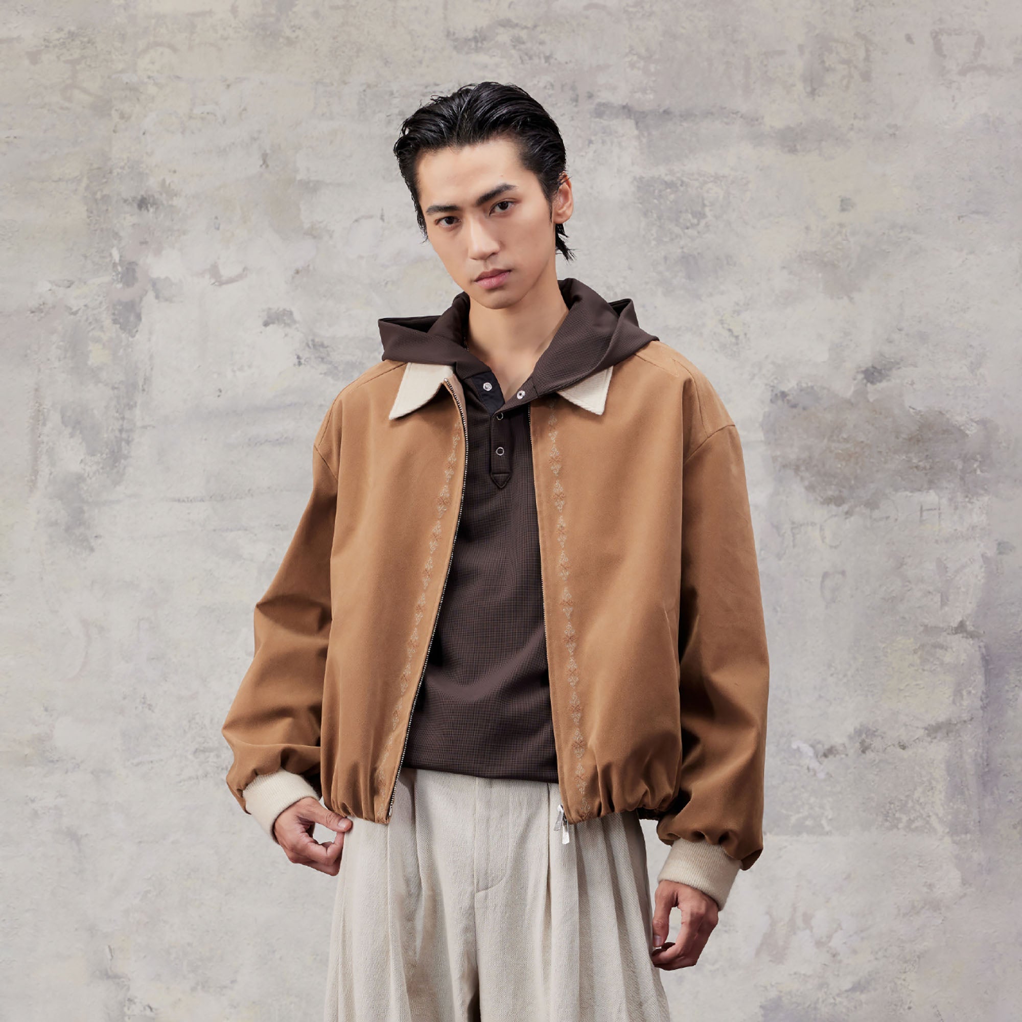 ALVNG AR ANTS Contrast Collar Totem Embroidered Jacket-Jacket-S-Khaki-Free Shipping Leatheretro