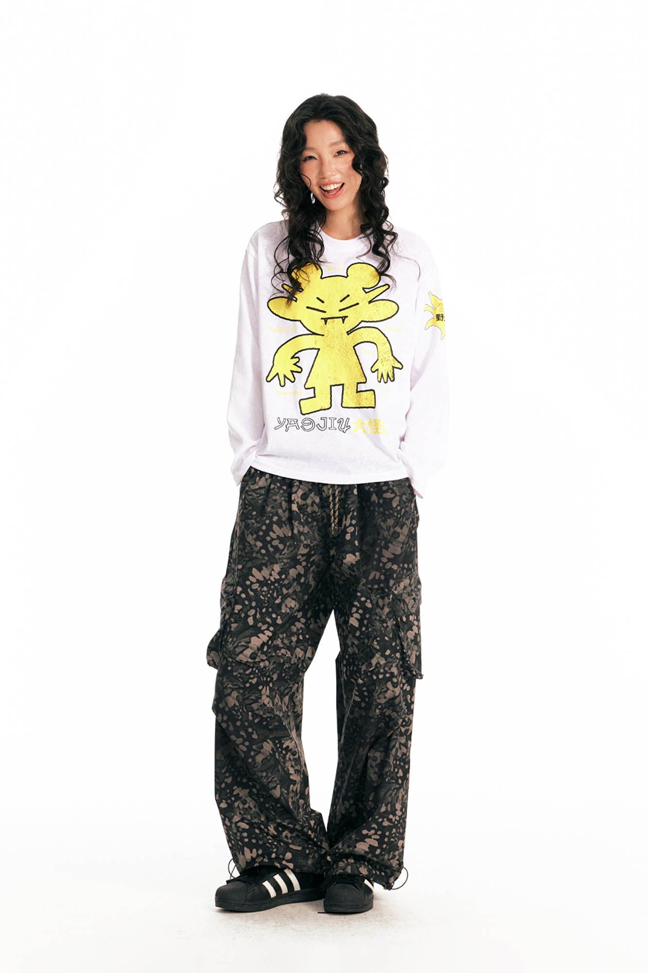 1997 POSTOFFICE Splatter Camo Crinkled Drawstring Cargo Pants-Pants-S-Black-Free Shipping Leatheretro