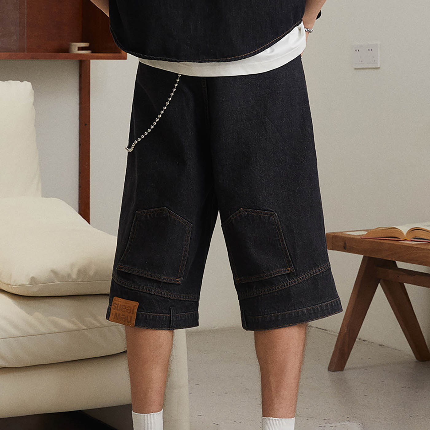 KREATE Inverted Denim Shorts-Shorts-S-Black-Free Shipping Leatheretro