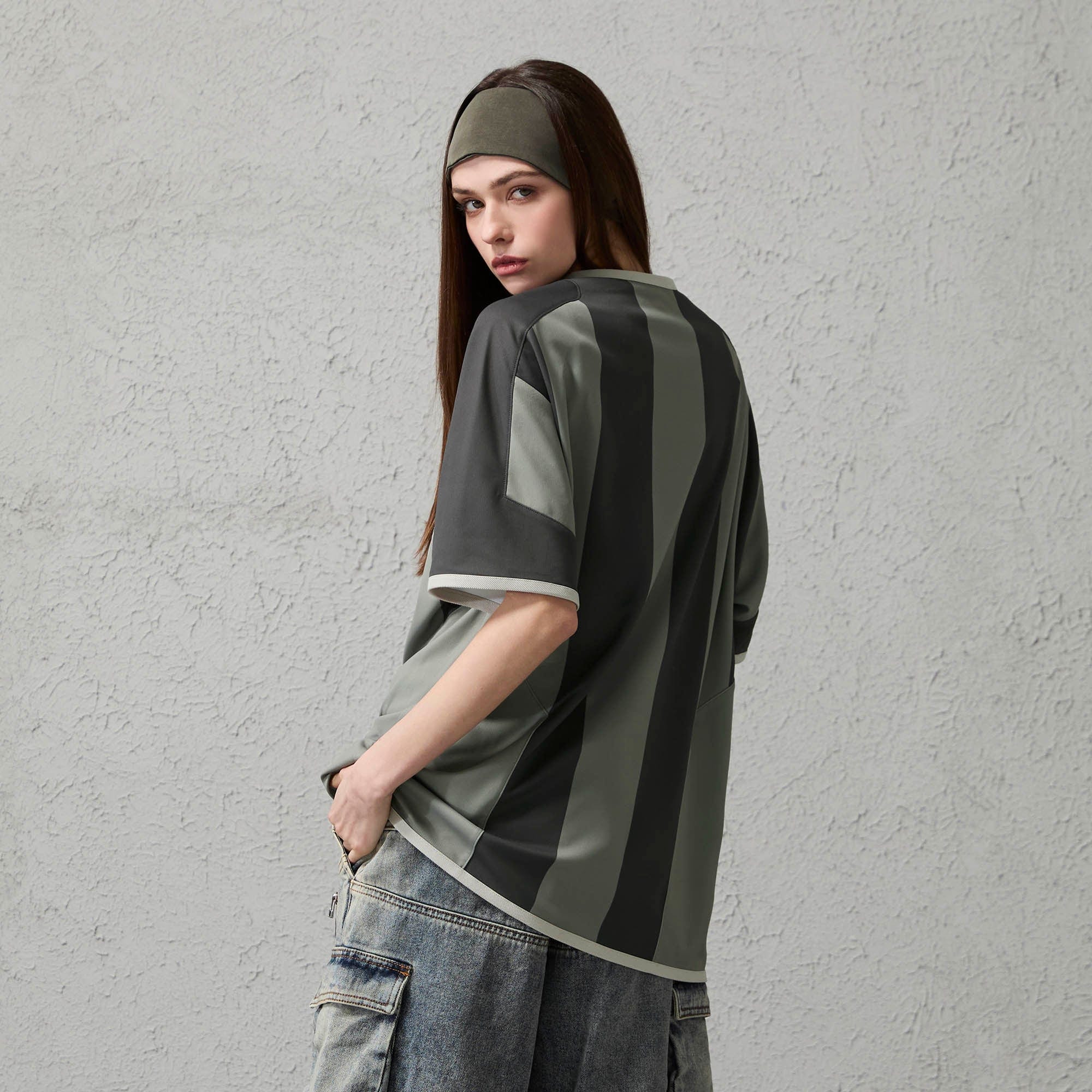 ORGANIC EMOTION Never Work Slogan Stripes Spliced Jersey-T Shirt-S-Gray-Free Shipping Leatheretro