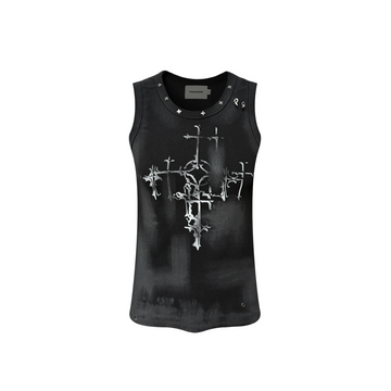 TH4SWE Retro Gothic Cross Graphic Studded Tank Top-Tank Top-S-Free Shipping Leatheretro