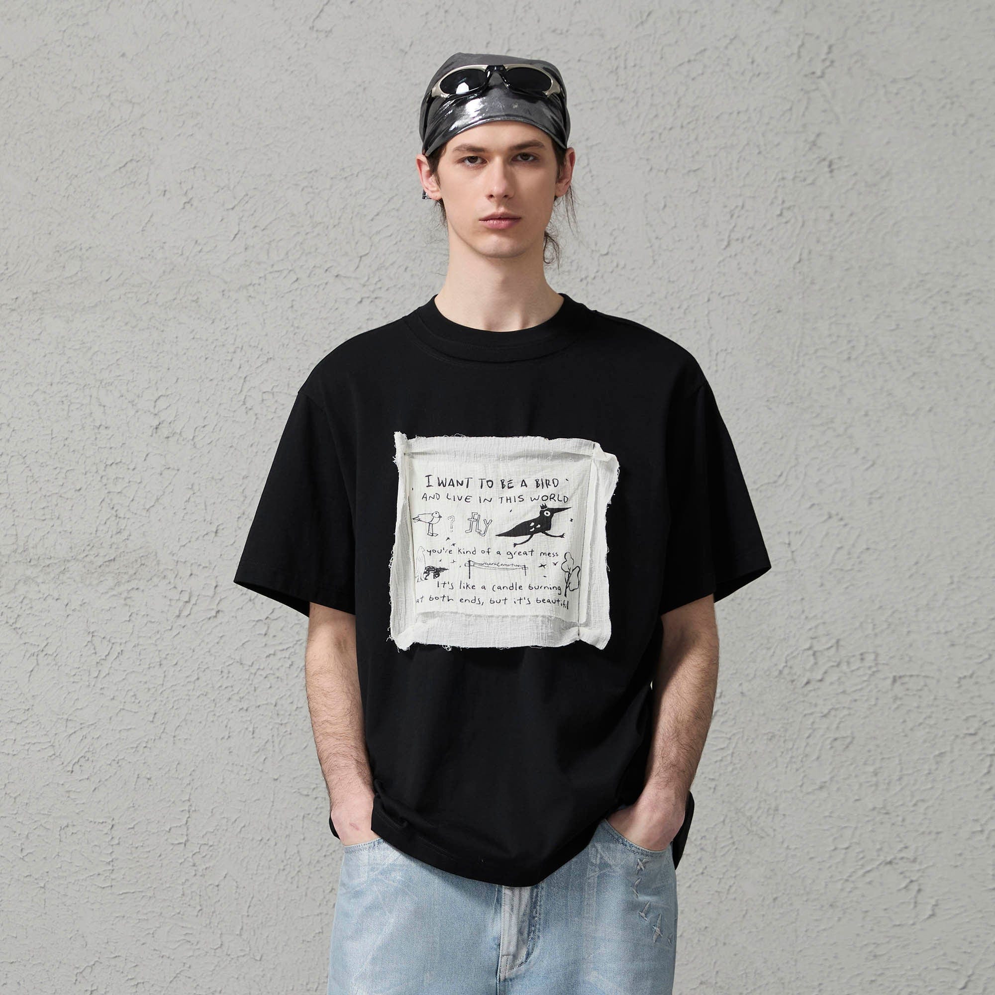 ORGANIC EMOTION Script Patchwork Sorona T-Shirt-T Shirt-S-Free Shipping Leatheretro