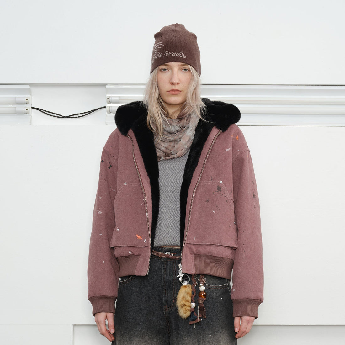 KREATE Rivet Zipper Paint-splattered Fleece-Lined Hooded Jacket-Jacket-S-Purple-Free Shipping Leatheretro