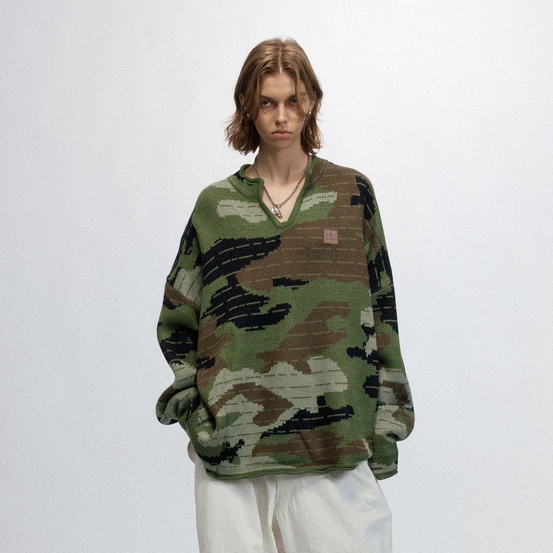 OVDY Modern Camo Stripe V-Neck Sweater-Sweater-S-Green-Free Shipping Leatheretro