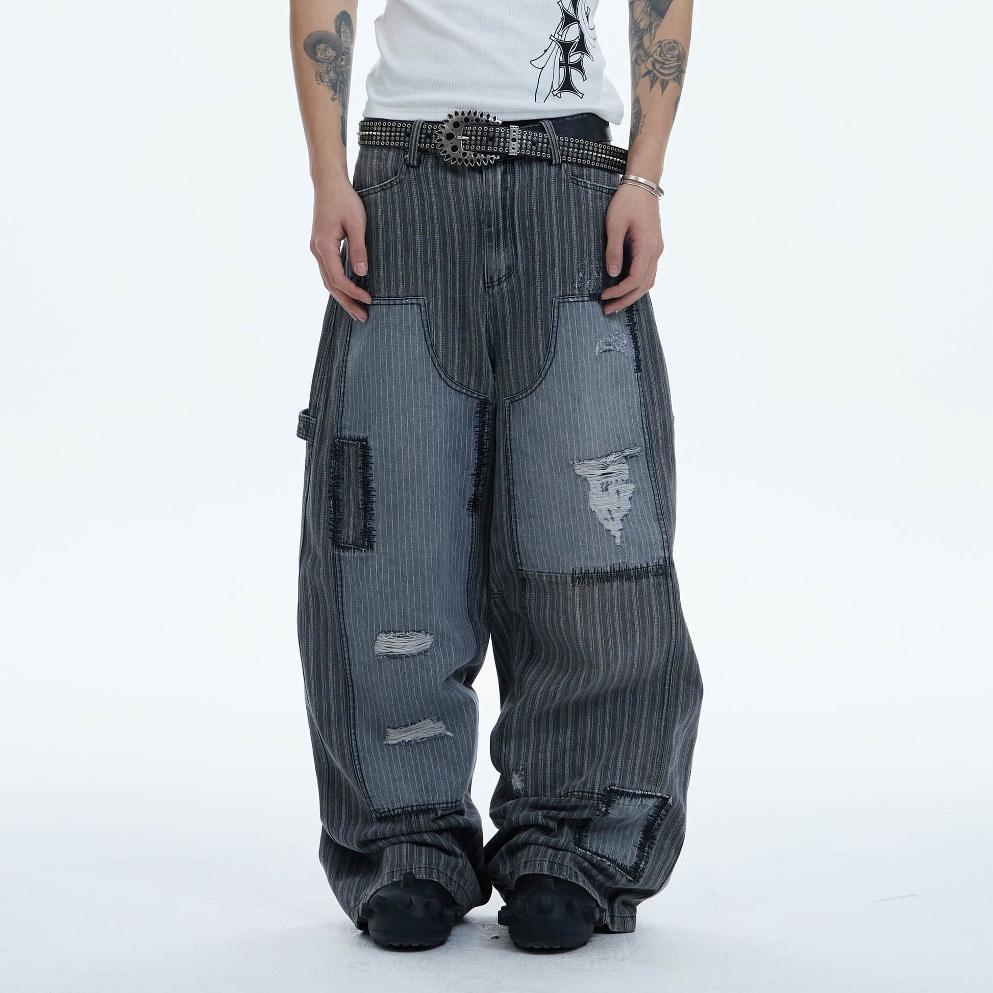 DND4DES Striped Patchwork Distressed Baggy Jeans-Jeans-XS-Free Shipping Leatheretro