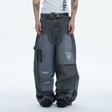 DND4DES Striped Patchwork Distressed Baggy Jeans-Jeans-XS-Free Shipping Leatheretro
