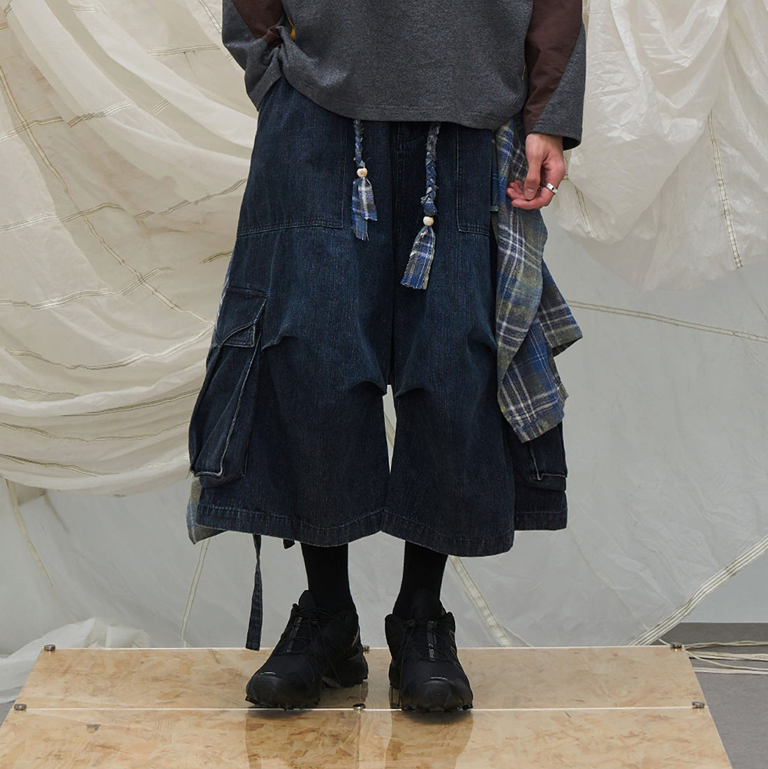 RELABEL Detachable Plaid Drape Denim Shorts-Shorts-XS-Free Shipping Leatheretro