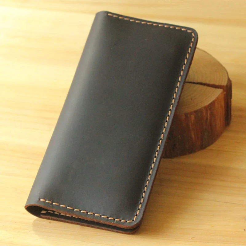 Handmade Vintage Crazy Horse Genuine Leather Wallet - Men Stylish Clutch Bag Purse-Wallets & Money Clips-Black without button-Free Shipping Leatheretro
