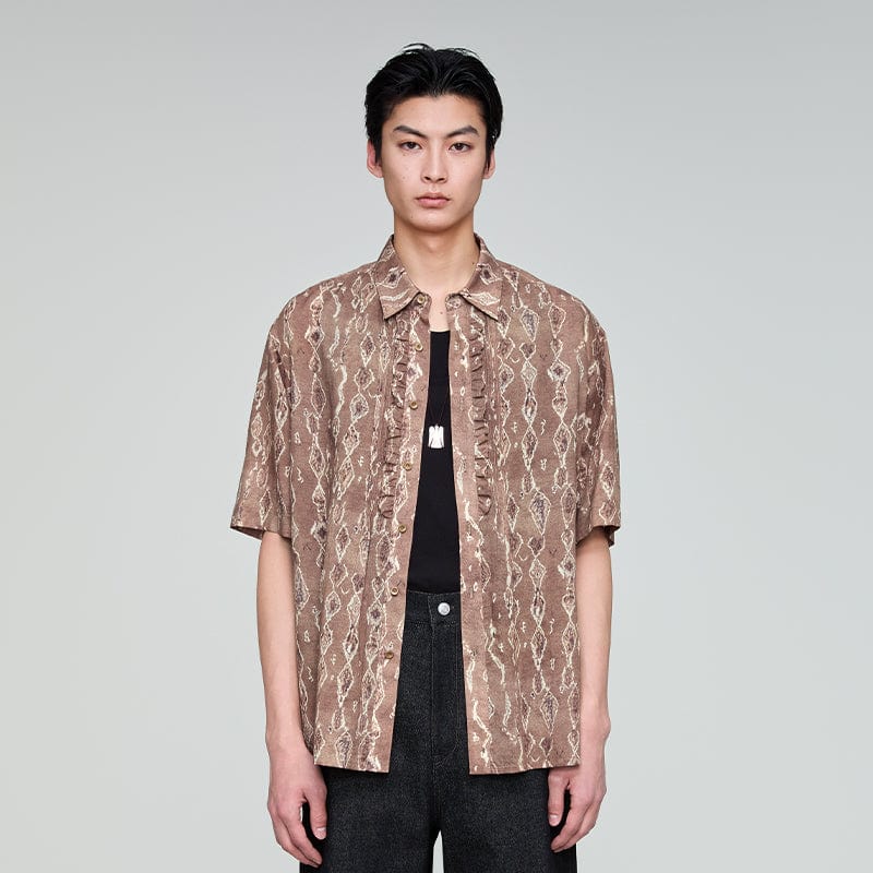OPICLOTH Retro Woodgrain Full-Print Ruffle Half Shirt-Half shirt-XS-Free Shipping Leatheretro