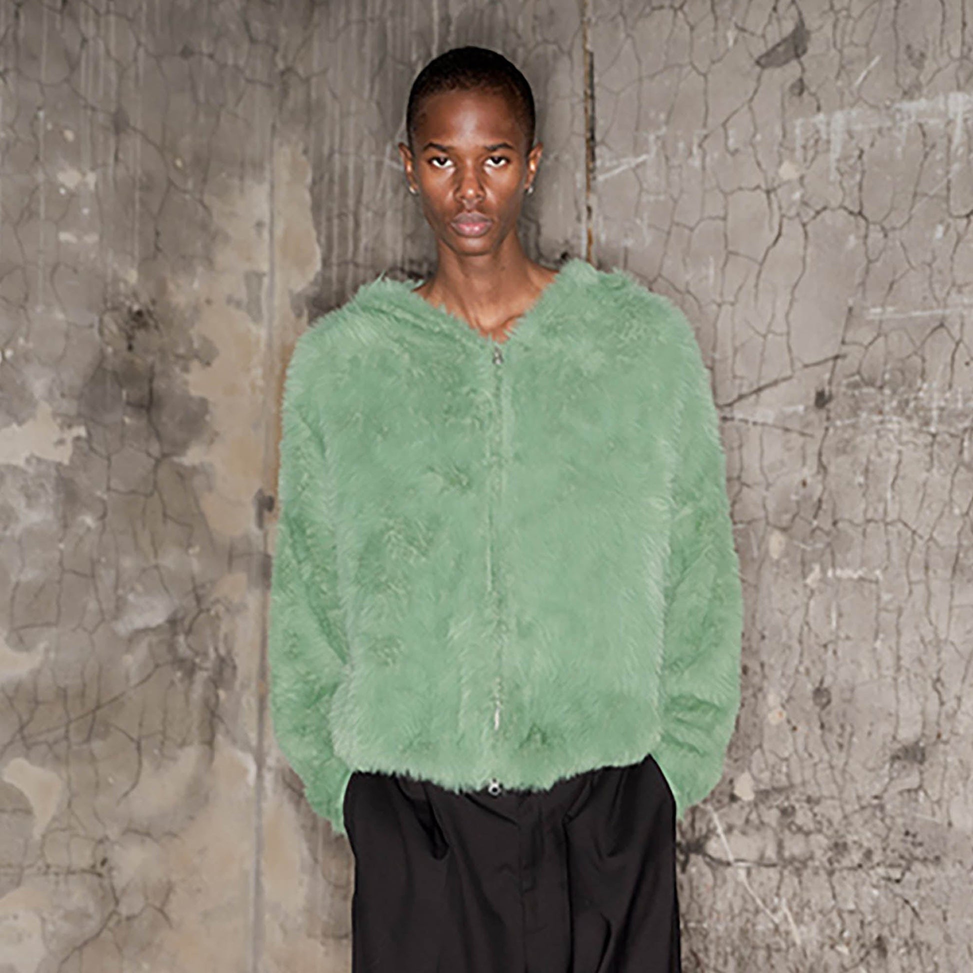 TRIANGLE PROJECT Fuzzy Zip-Up Hoodie-Jacket-XS-Green-Free Shipping Leatheretro