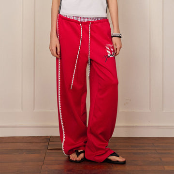 DONSMOKE Plaid Double-Waist Contrast Webbing Sweatpants-Pants-S-Red-Free Shipping Leatheretro