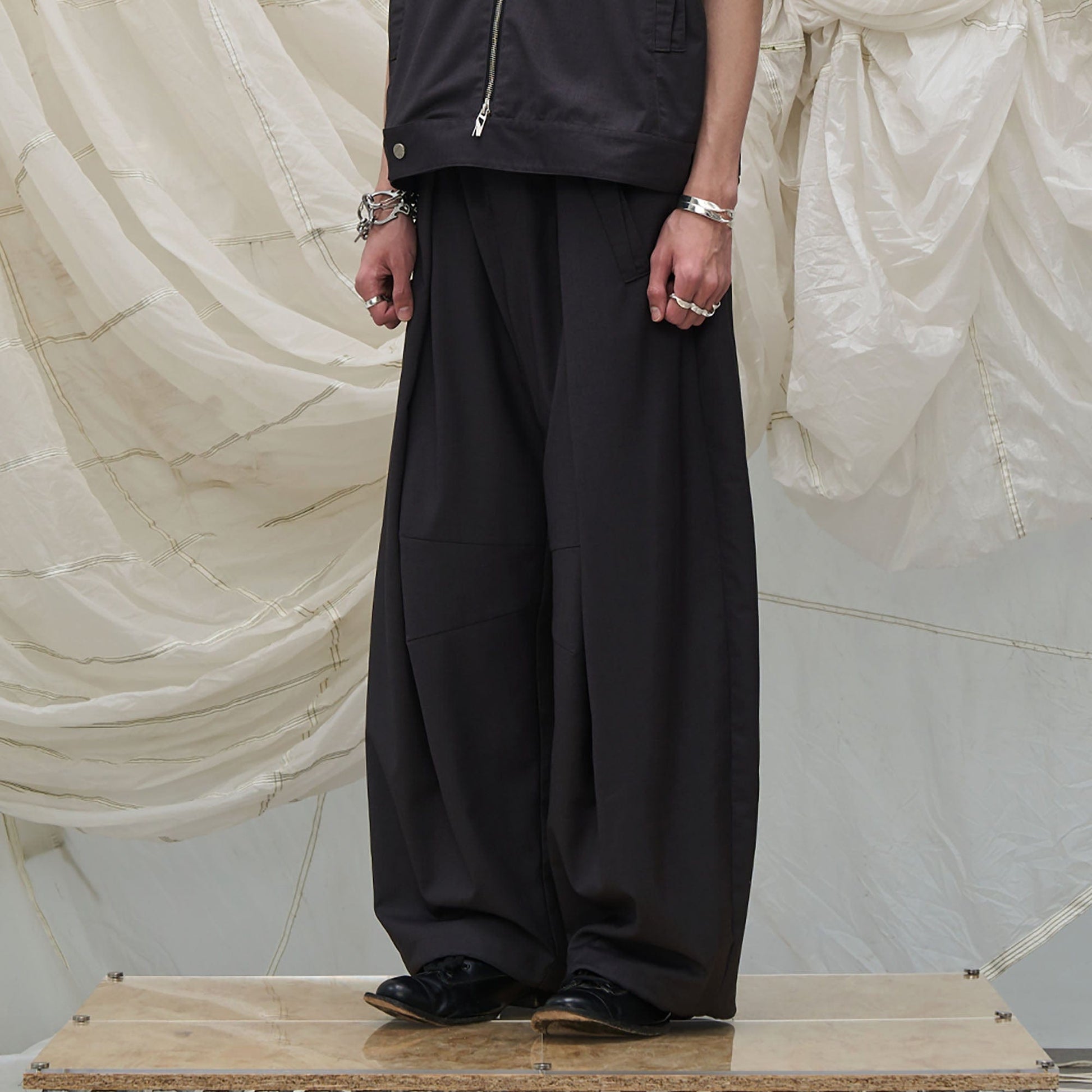 RELABEL Pleated Drawstring Curved Wide-Leg Trousers-Pants-XS-Khaki-Free Shipping Leatheretro