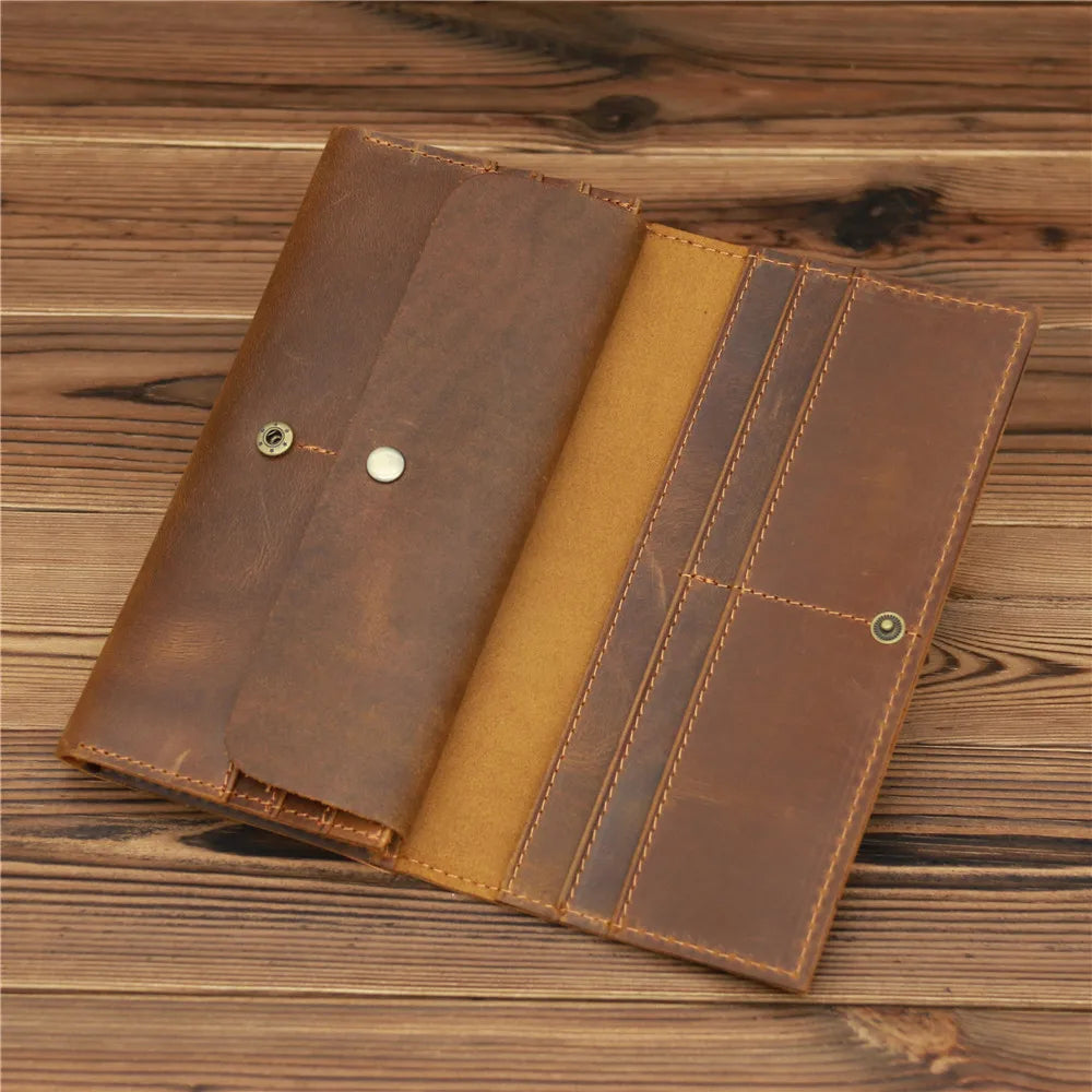 Men's Vintage Pull-Up Leather Long Wallet - Large Capacity Cowhide Clutch-Wallets & Money Clips-Reddish Brown-Free Shipping Leatheretro
