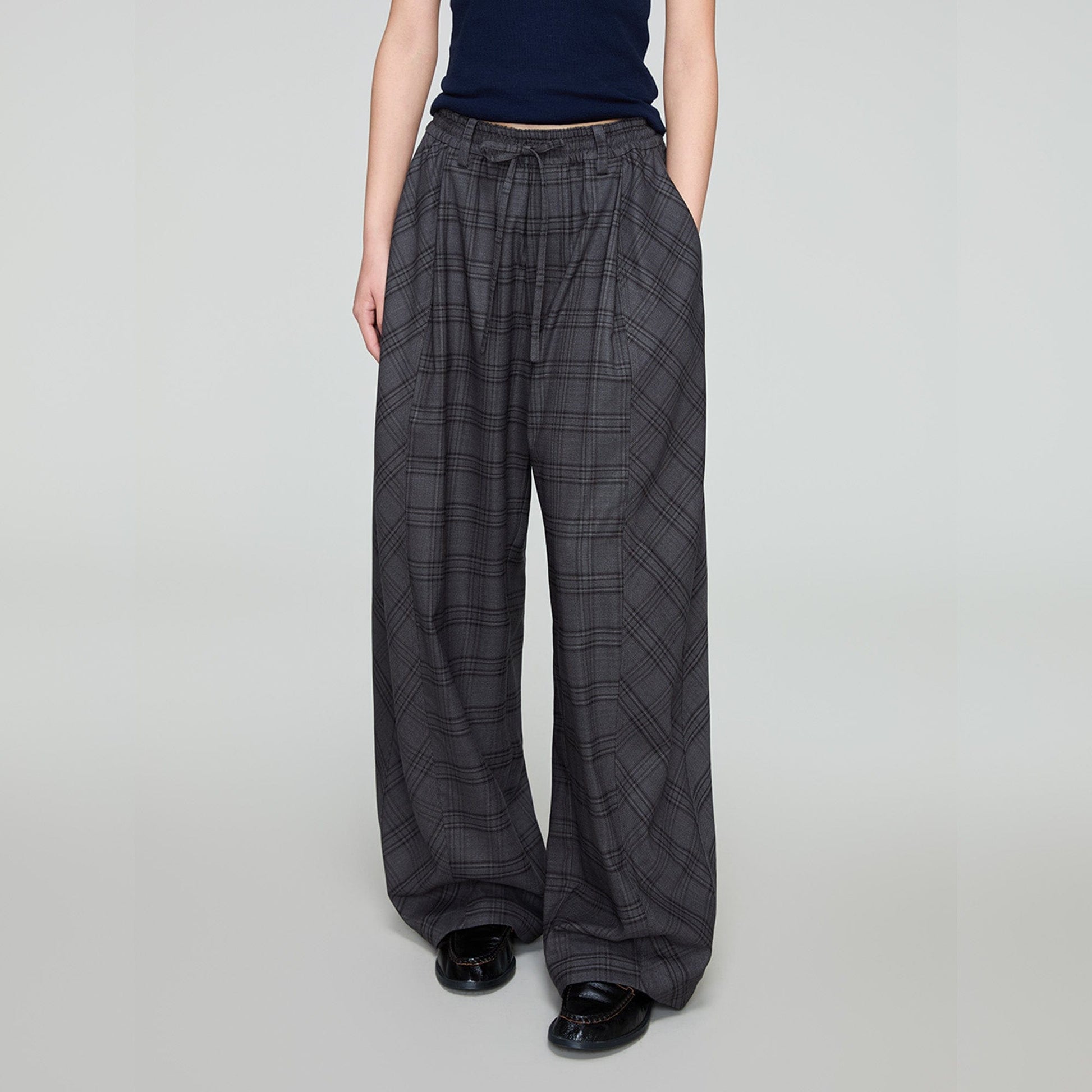 OPICLOTH Retro Paneled Plaid Drawstring Oversized Pants-Pants-XS-Free Shipping Leatheretro