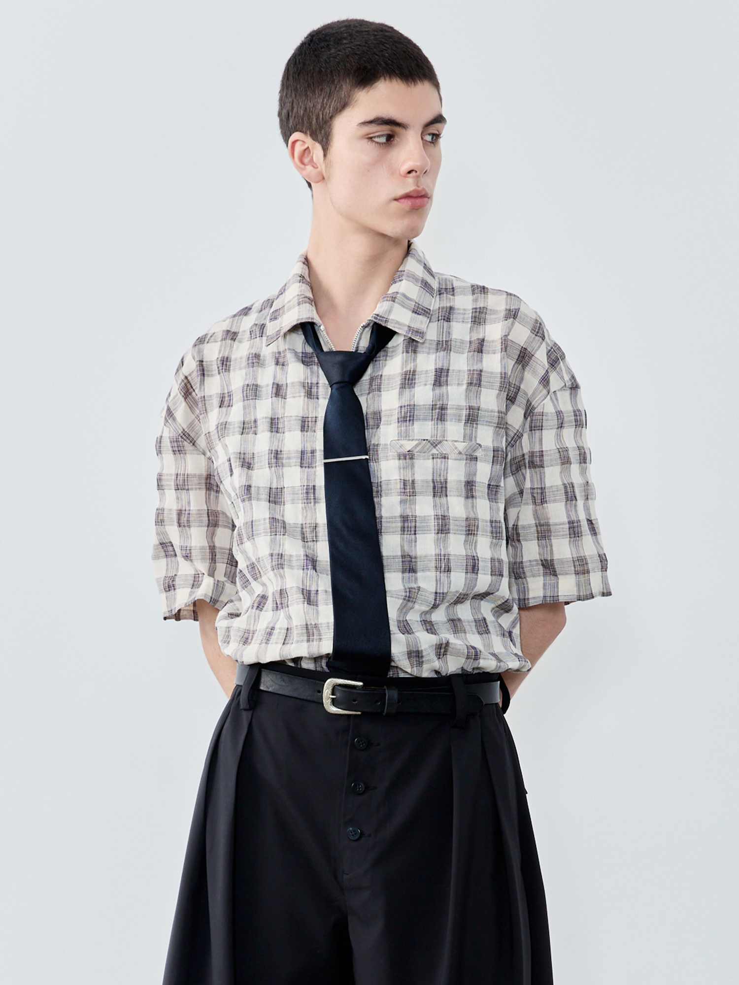 GRAINMUSTARD Retro Plaid Zip Half Shirt-Half shirt-XS-Free Shipping Leatheretro