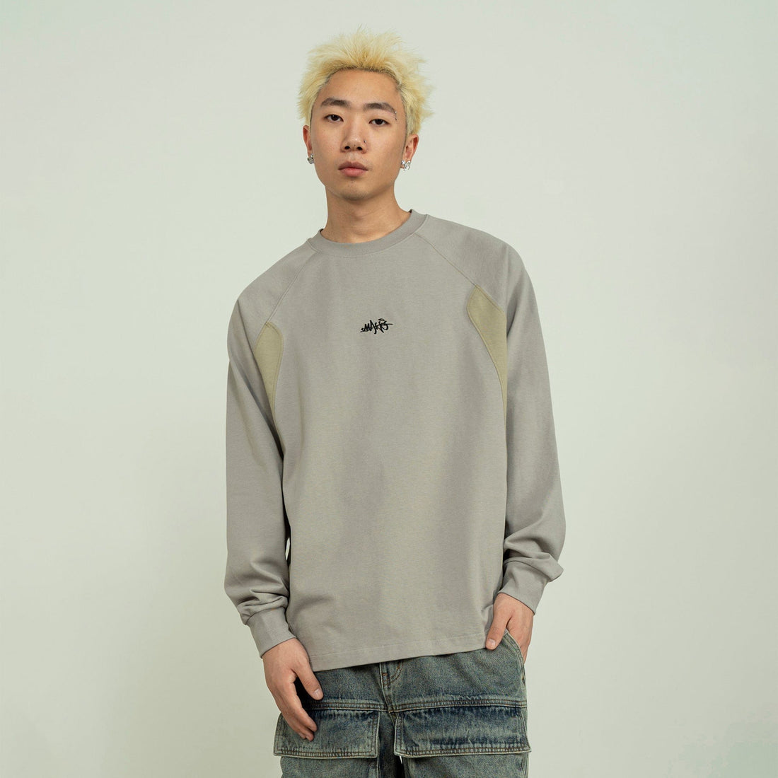 MAKEMORE Modern Deconstructed Embroidered Long-Sleeve Tee-L/S Tee-S-Gray-Free Shipping Leatheretro