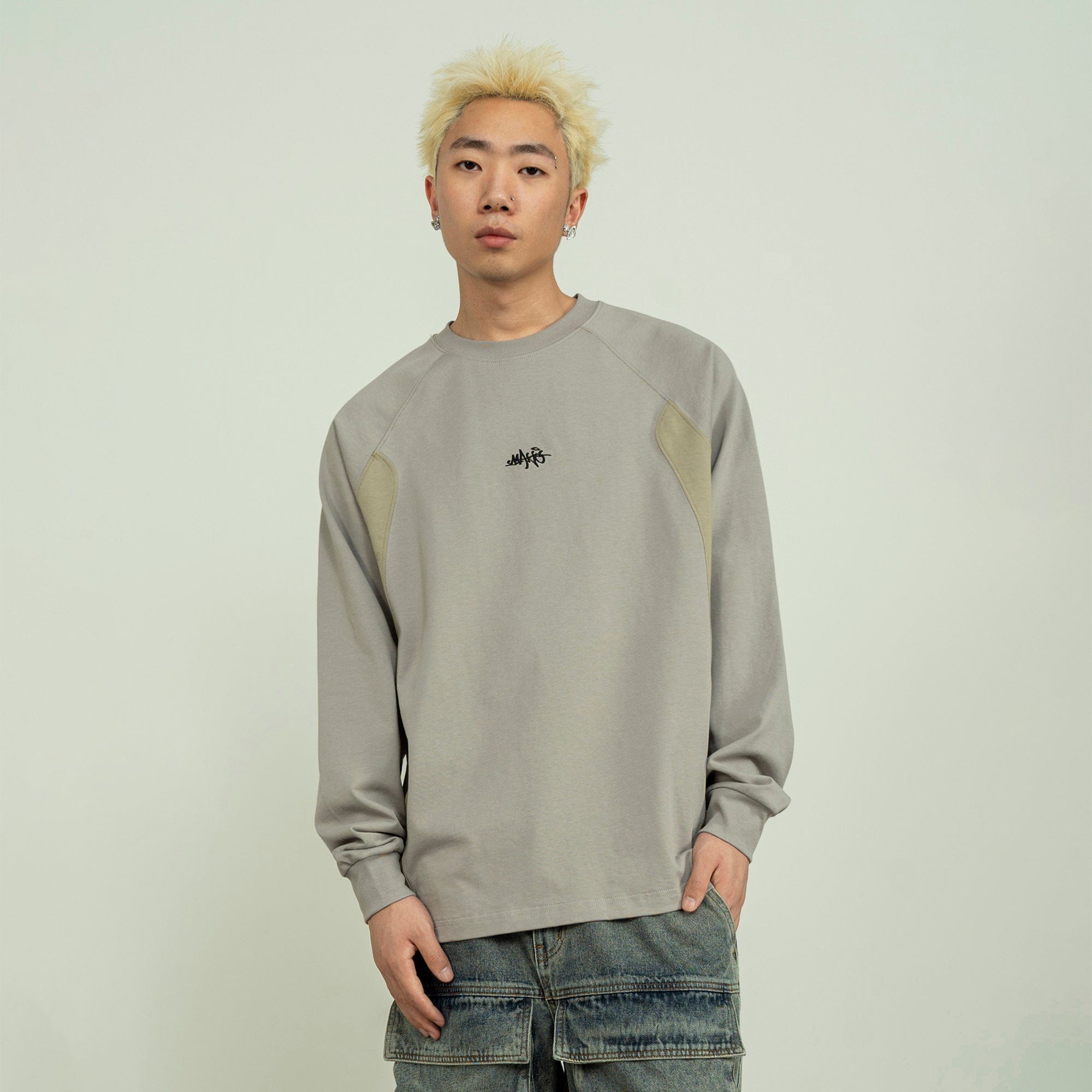MAKEMORE Modern Deconstructed Embroidered Long-Sleeve Tee-L/S Tee-S-Gray-Free Shipping Leatheretro