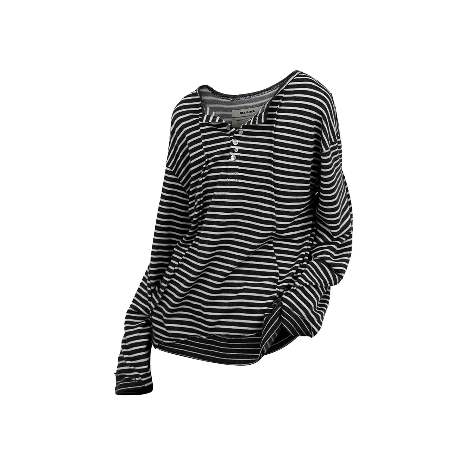 RELABEL Striped Pleated Henley Long-Sleeve Tee-L/S Tee-XS-Free Shipping Leatheretro
