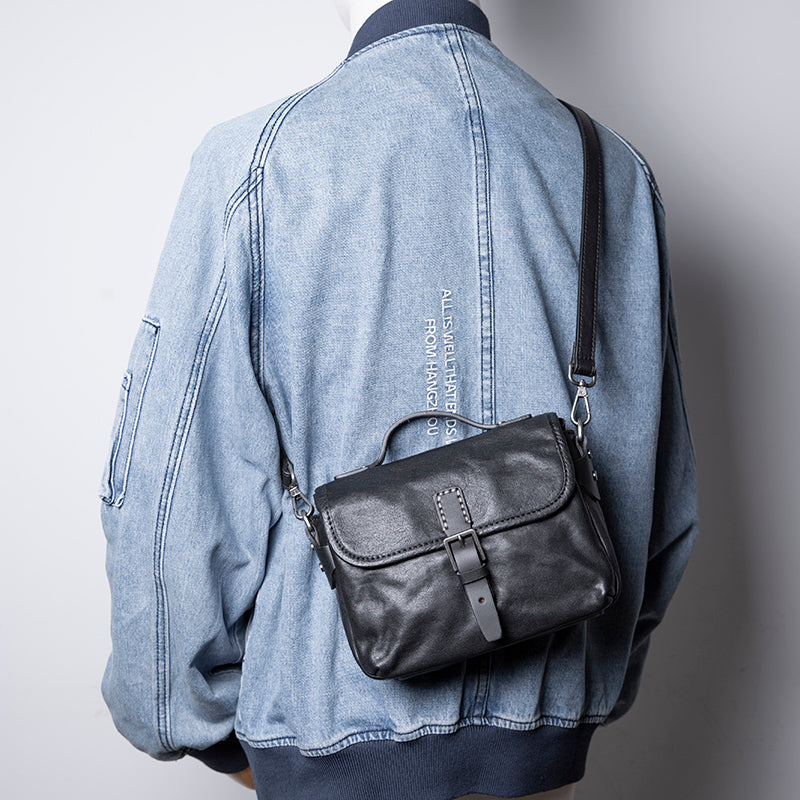 Men's Leather Handmade Shoulder Bag - Vintage Cowhide Crossbody Bags-Crossbody Bag-Black-Free Shipping Leatheretro