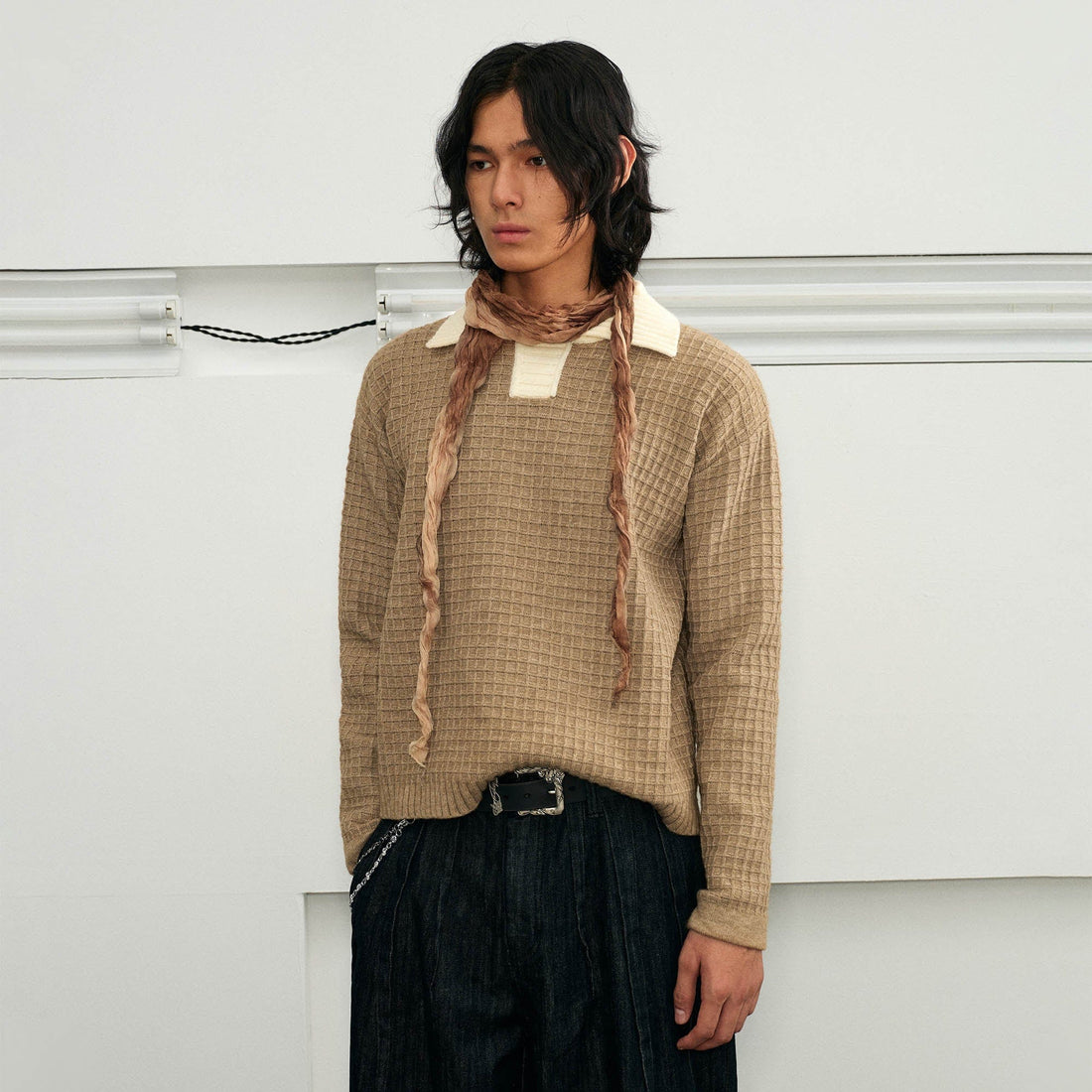 KREATE Waffle Knit Polo Sweater-Sweater-S-Khaki-Free Shipping Leatheretro