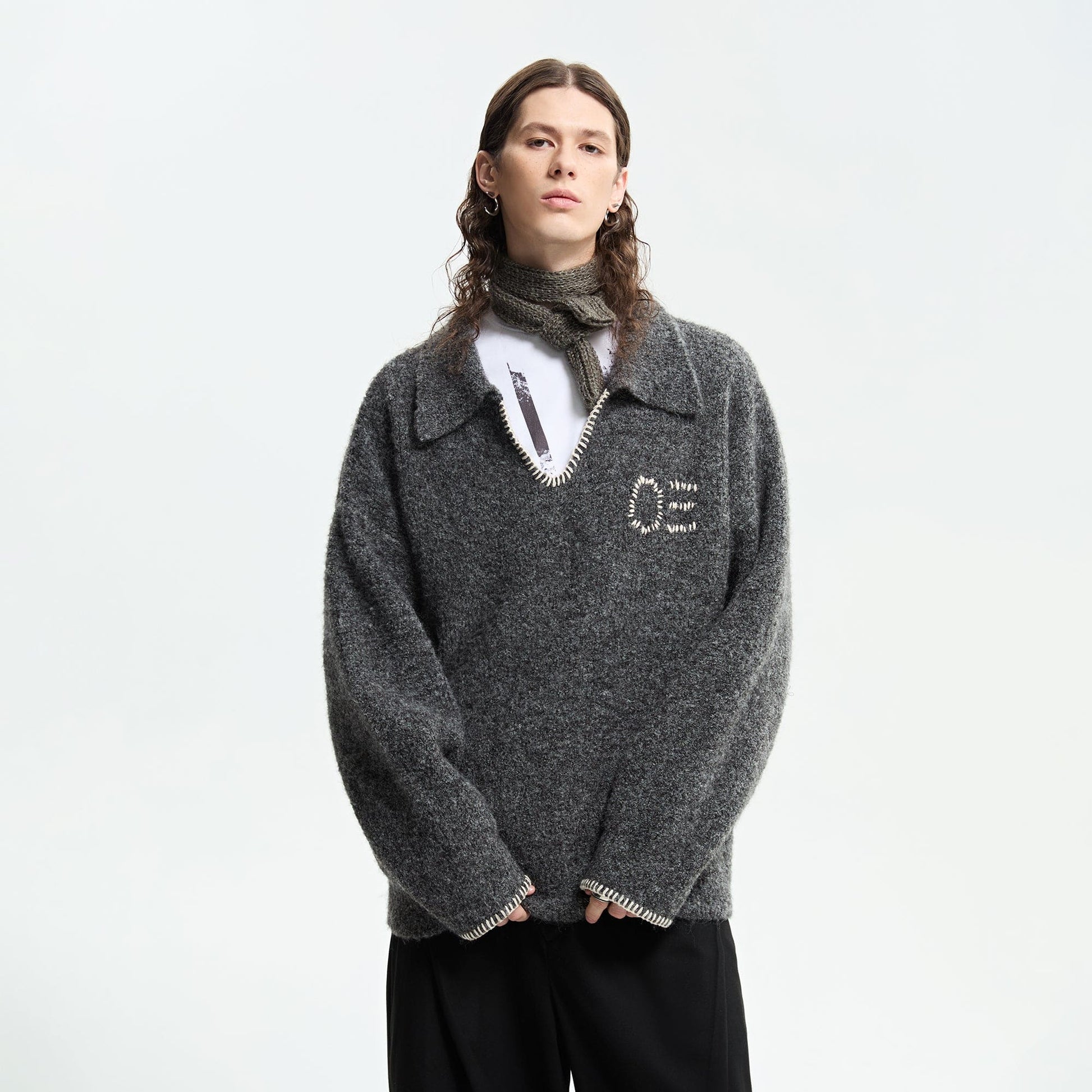 ORGANIC EMOTION Stitches V-neck Oversized Sweater-Sweater-S-Free Shipping Leatheretro
