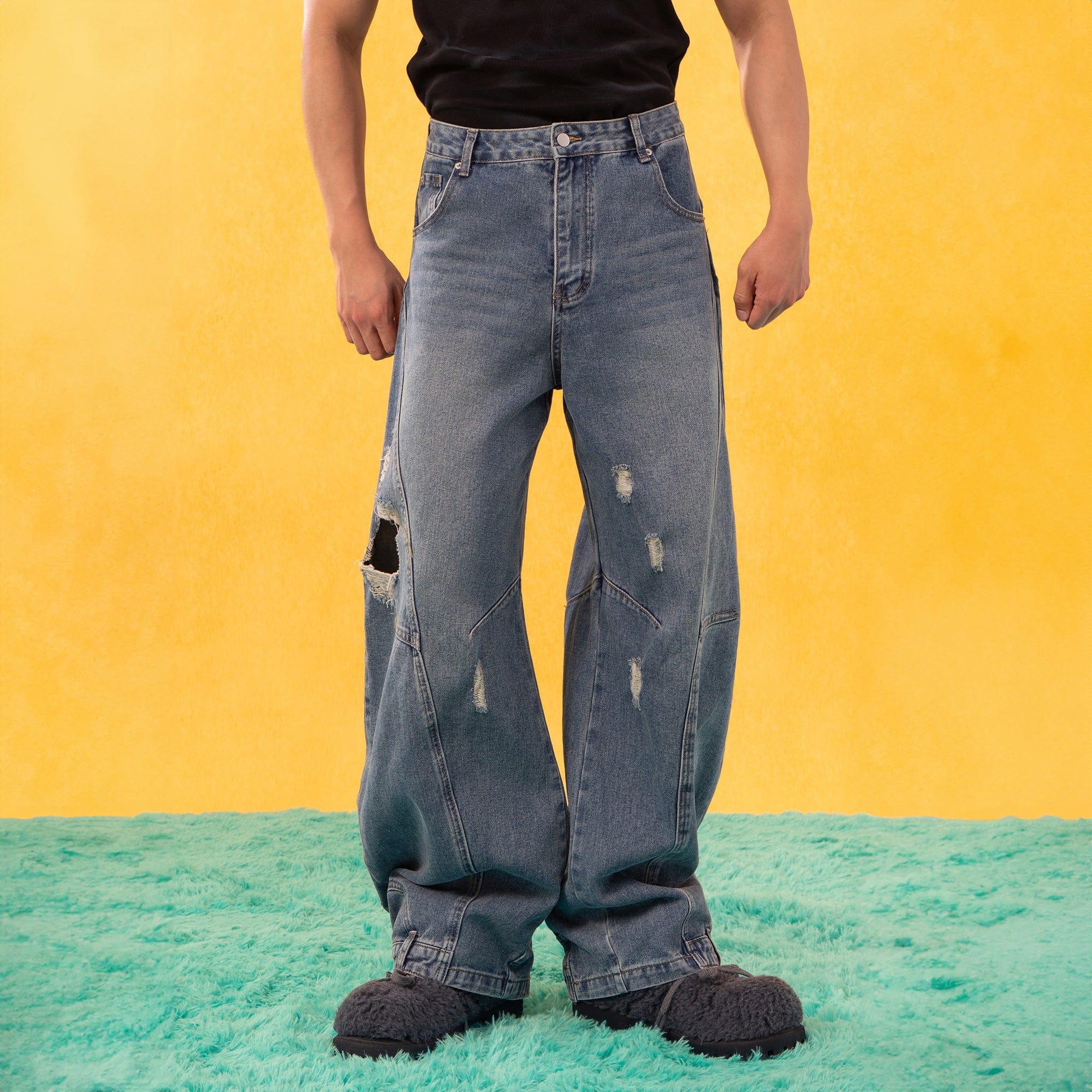 CLP Inverted-Waist Hem Paneled Distressed Jeans-Jeans-M-Free Shipping Leatheretro