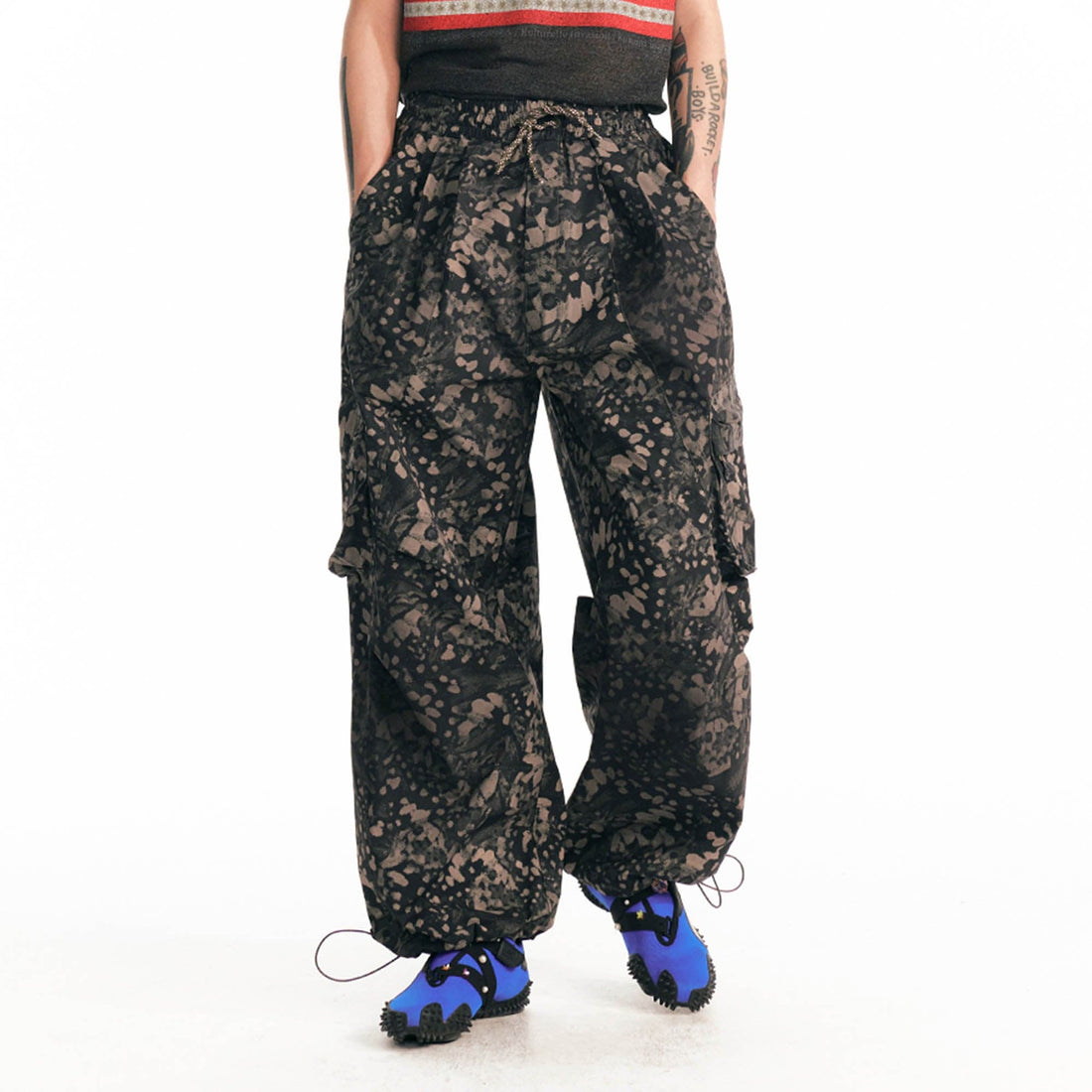 1997 POSTOFFICE Splatter Camo Crinkled Drawstring Cargo Pants-Pants-S-Black-Free Shipping Leatheretro