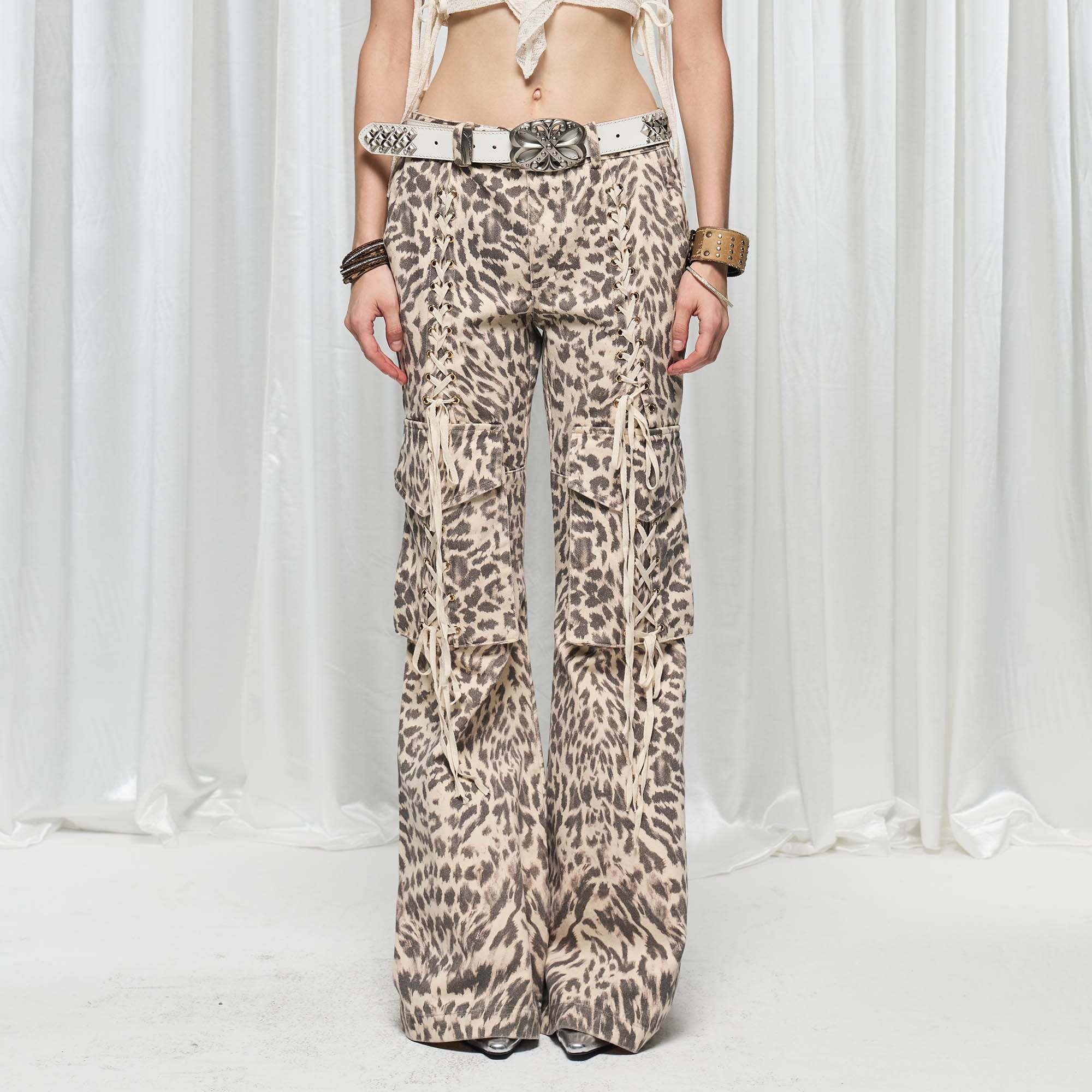 DND4DES¡ÁFaychui Leopard Lace-Up Multi-pocket Straight-Leg Pants-Pants-S-Free Shipping Leatheretro