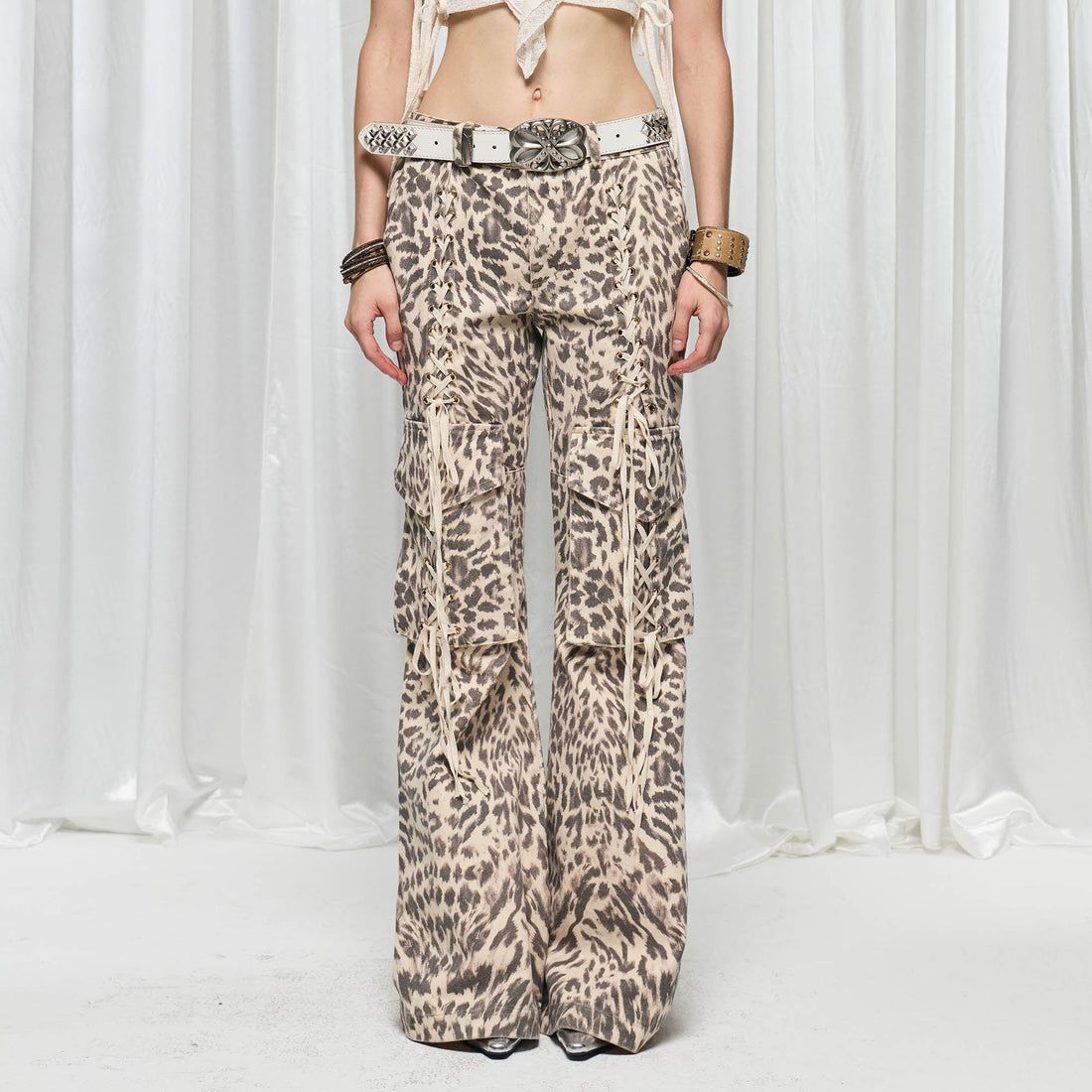 DND4DES¡ÁFaychui Leopard Lace-Up Multi-pocket Straight-Leg Pants-Pants-S-Free Shipping Leatheretro