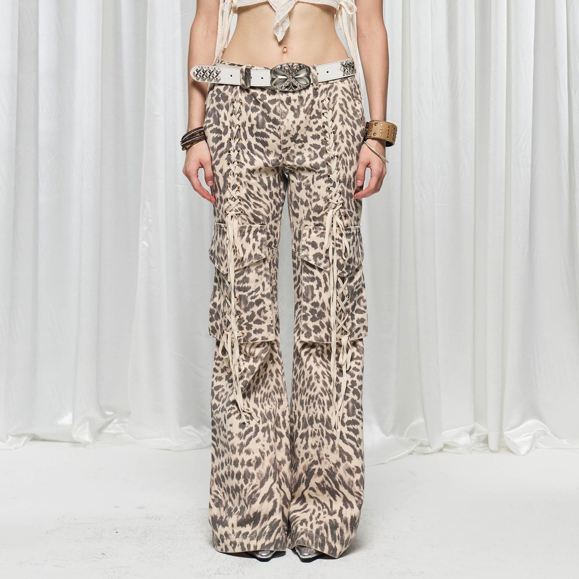 DND4DES¡ÁFaychui Leopard Lace-Up Multi-pocket Straight-Leg Pants-Pants-S-Free Shipping Leatheretro
