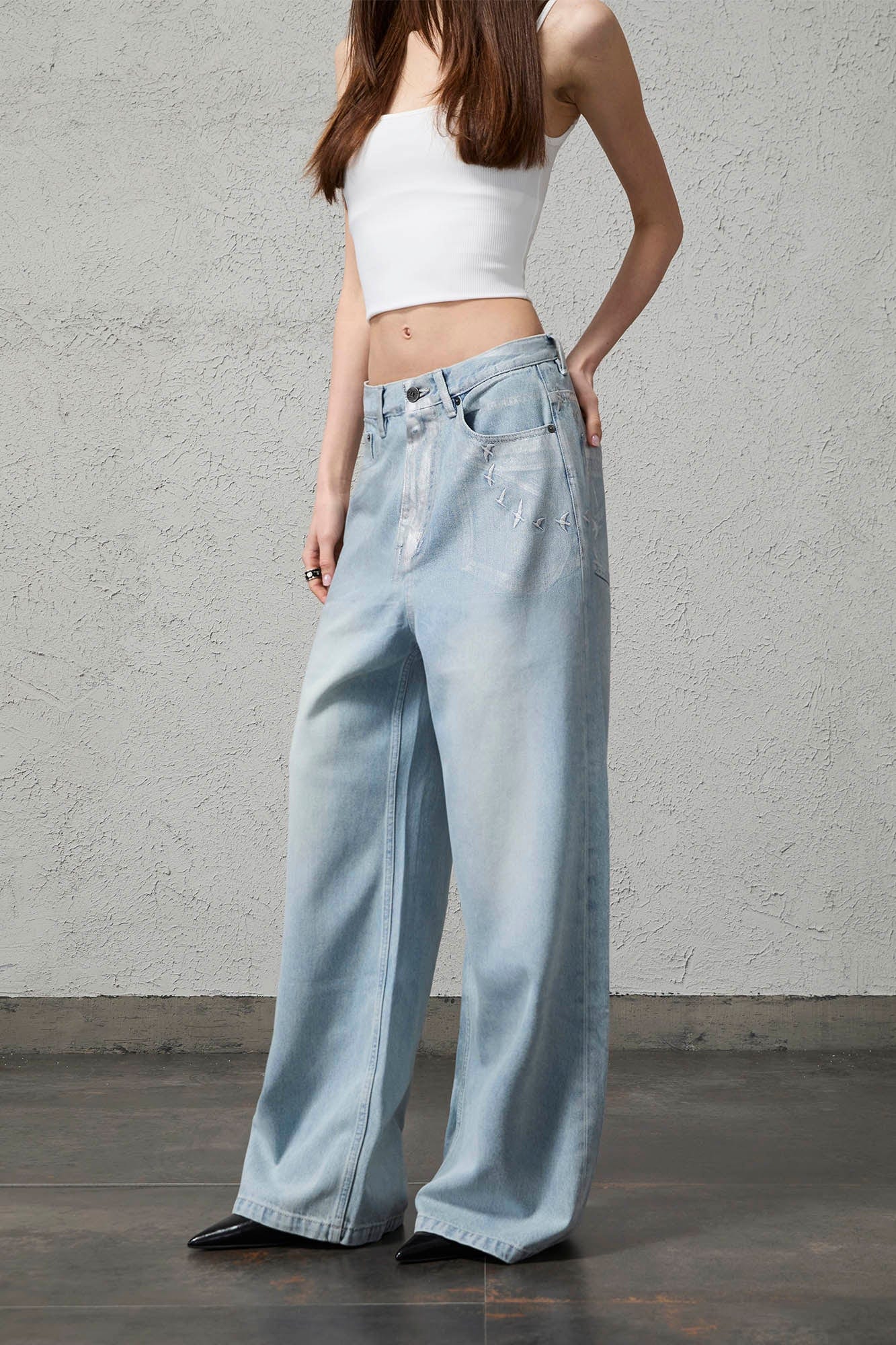 ORGANIC EMOTION Flying Bird Embroidered Washed Wide-Leg Jeans-Jeans-XS-Free Shipping Leatheretro