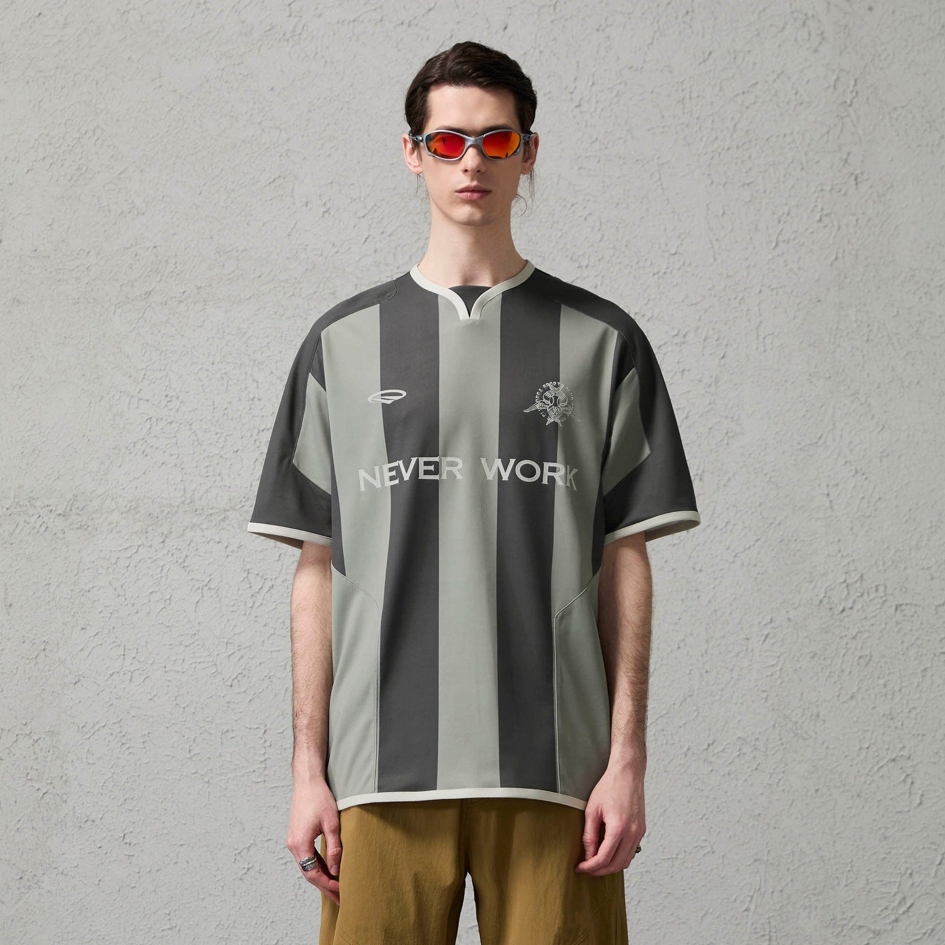 ORGANIC EMOTION Never Work Slogan Stripes Spliced Jersey-T Shirt-S-Gray-Free Shipping Leatheretro